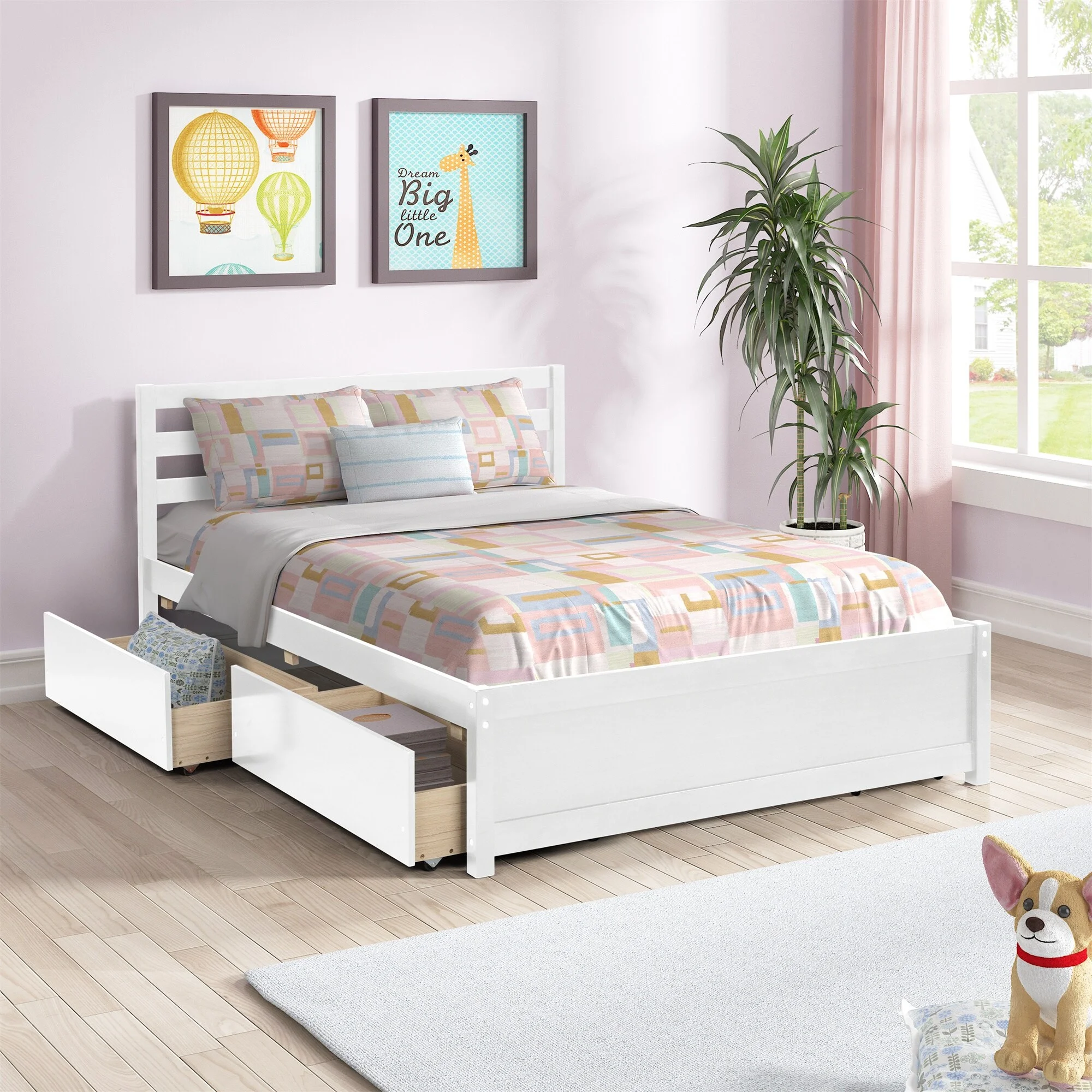YJTONWIN Home Full Size Bed Frame with 4 Storage Drawers, Easy Assembly/White