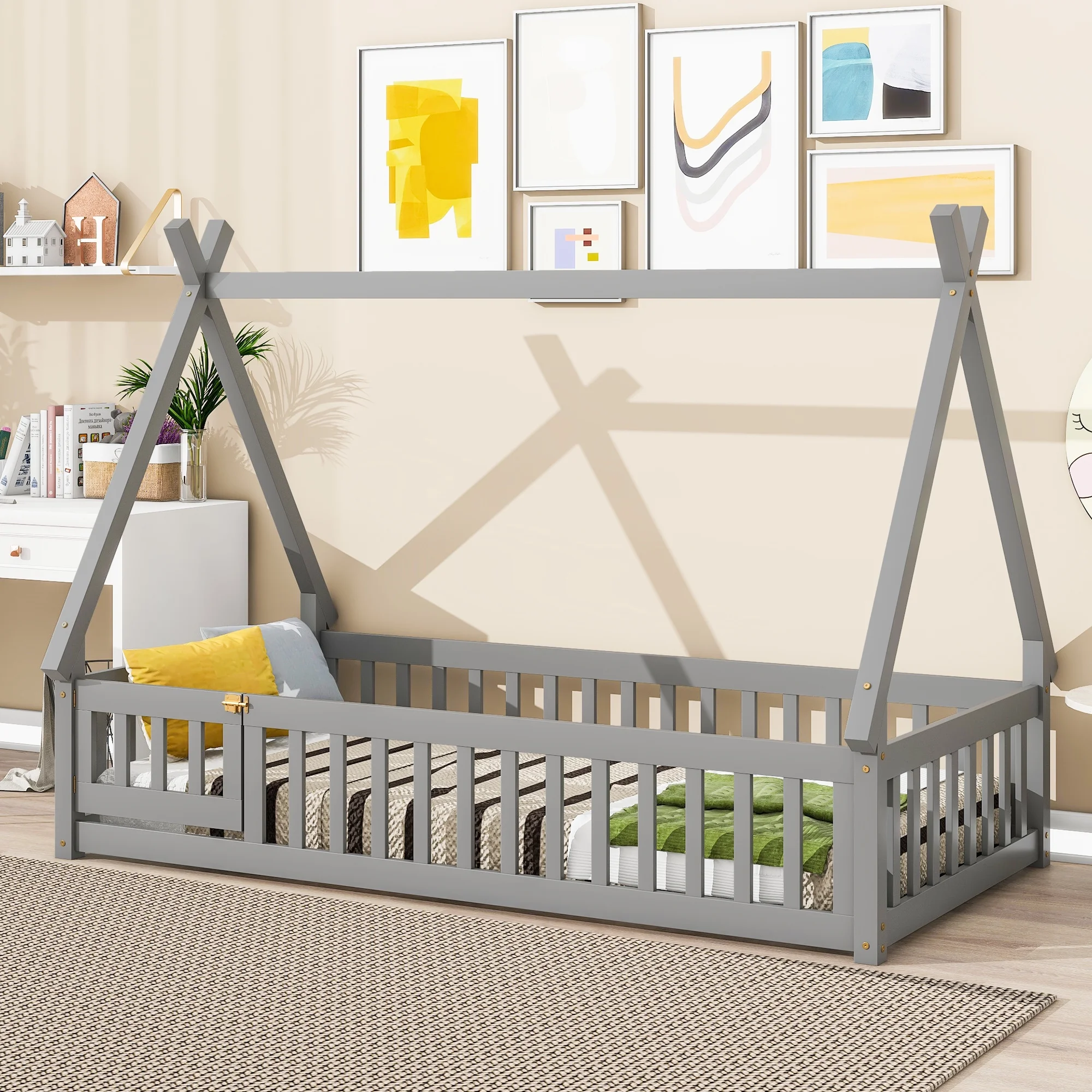CoSoTower Twin Tent-Shaped Floor Bed, with Guardrails, Slats, Door ,Grey
