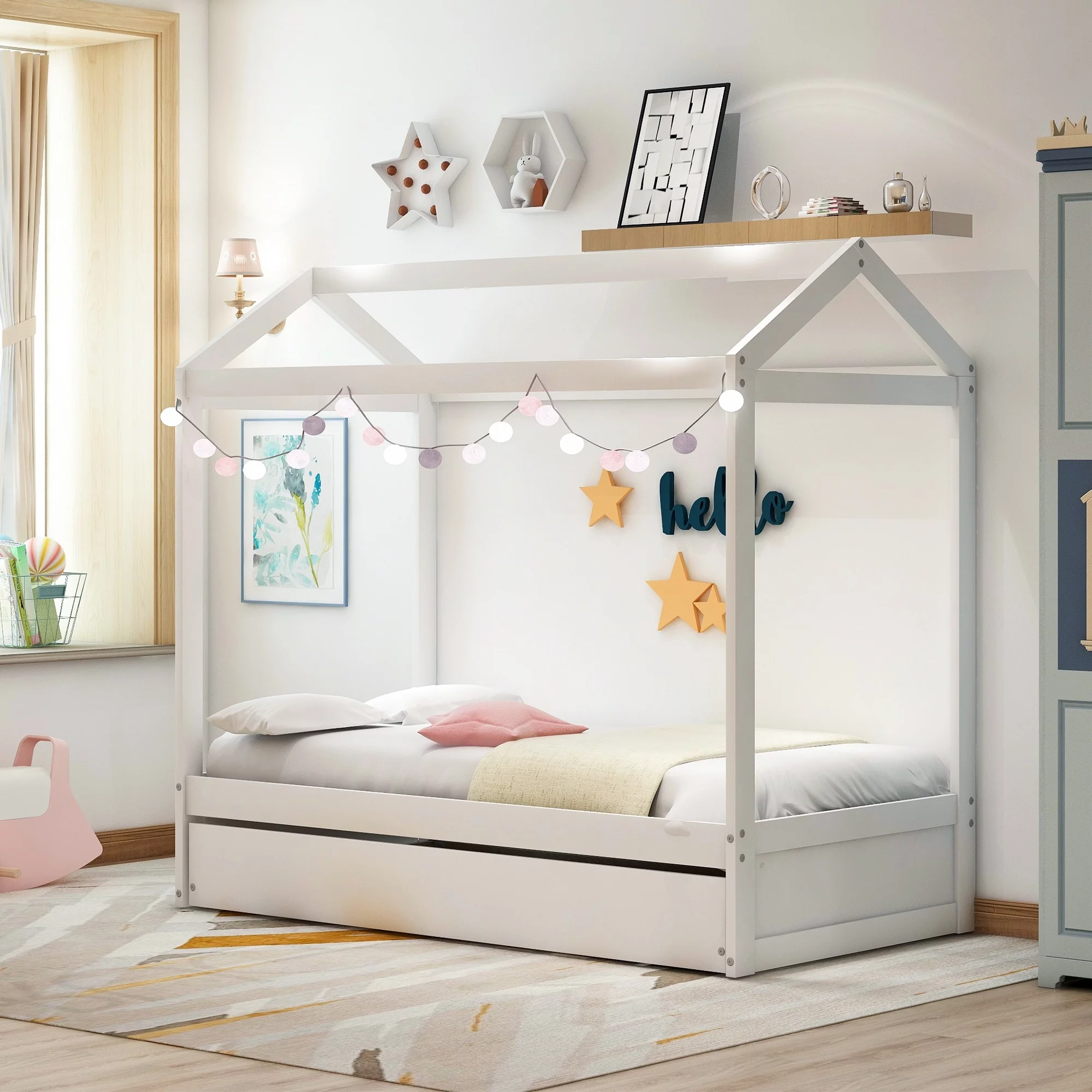 Nestfair  White Twin House Bed with Trundle