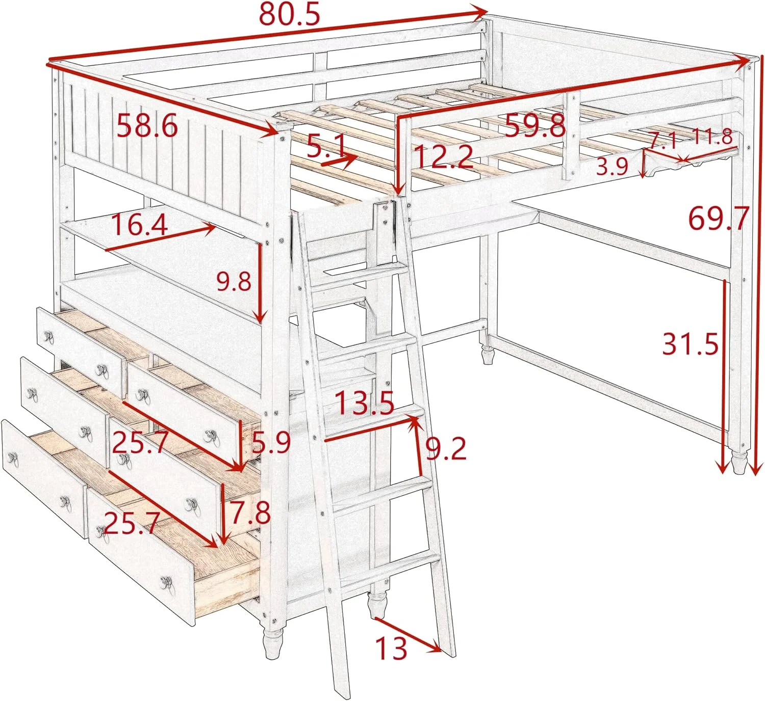 Full Lof Bed Wih Desk Ad 3 Drawers, Solid Wood Full Size Lof Bed Frame Wih 2 ier Shelves Ad Agled Ladder For Kids ees Boys Girls, o Box Sprig eeded (Espresso)