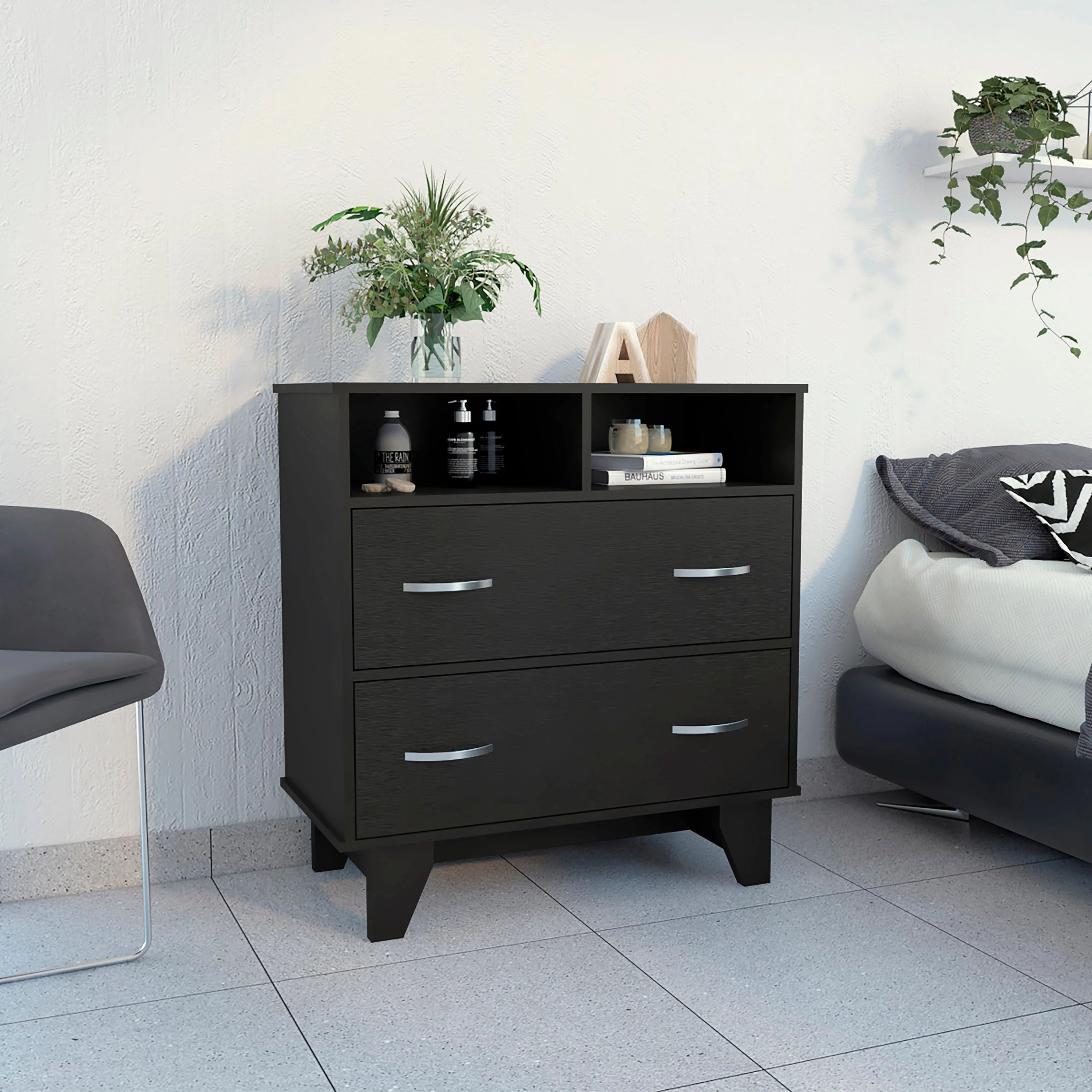 Boahaus Selma Dresser, 2 Drawers and 2 Open Shelves, Black