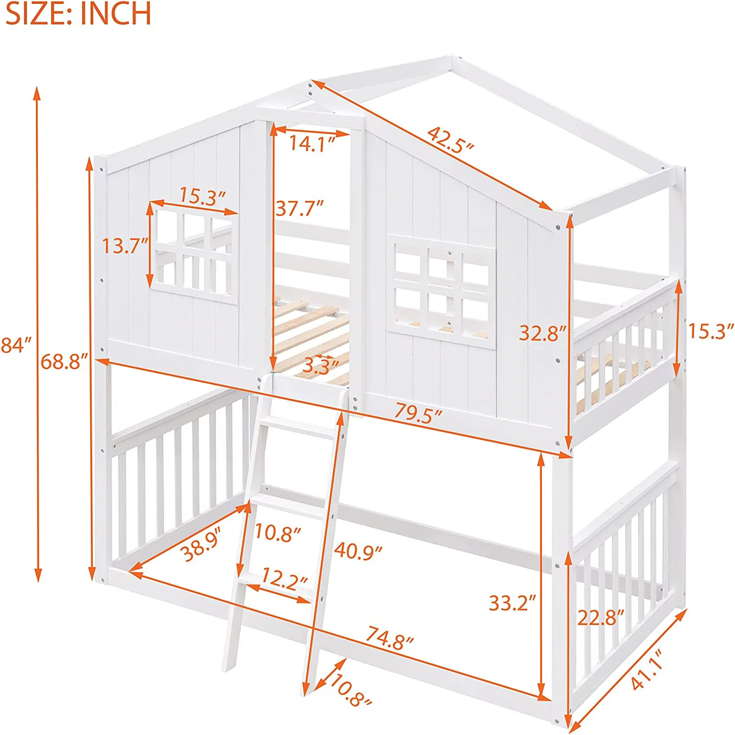 House Buk Bed Over Kids Buk Bed Wood Frame For Girls Boys, Roof Desig ( Size, White)