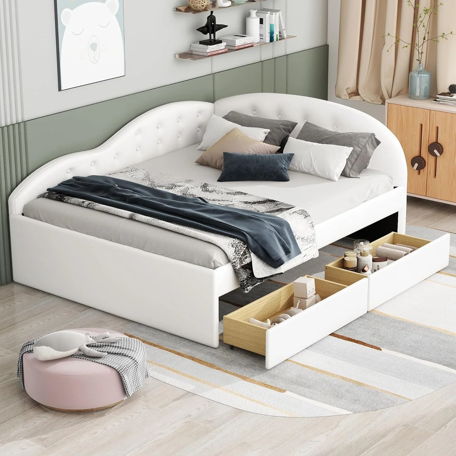 Full Size Daybed Wih Sorage Drawers, Faux Leaher Upholsered Day Bed Frame, Boom ufed Sofa Bed Wih Cloud Shaped Rails For Bedroom Livig Room Gues Room, Whie