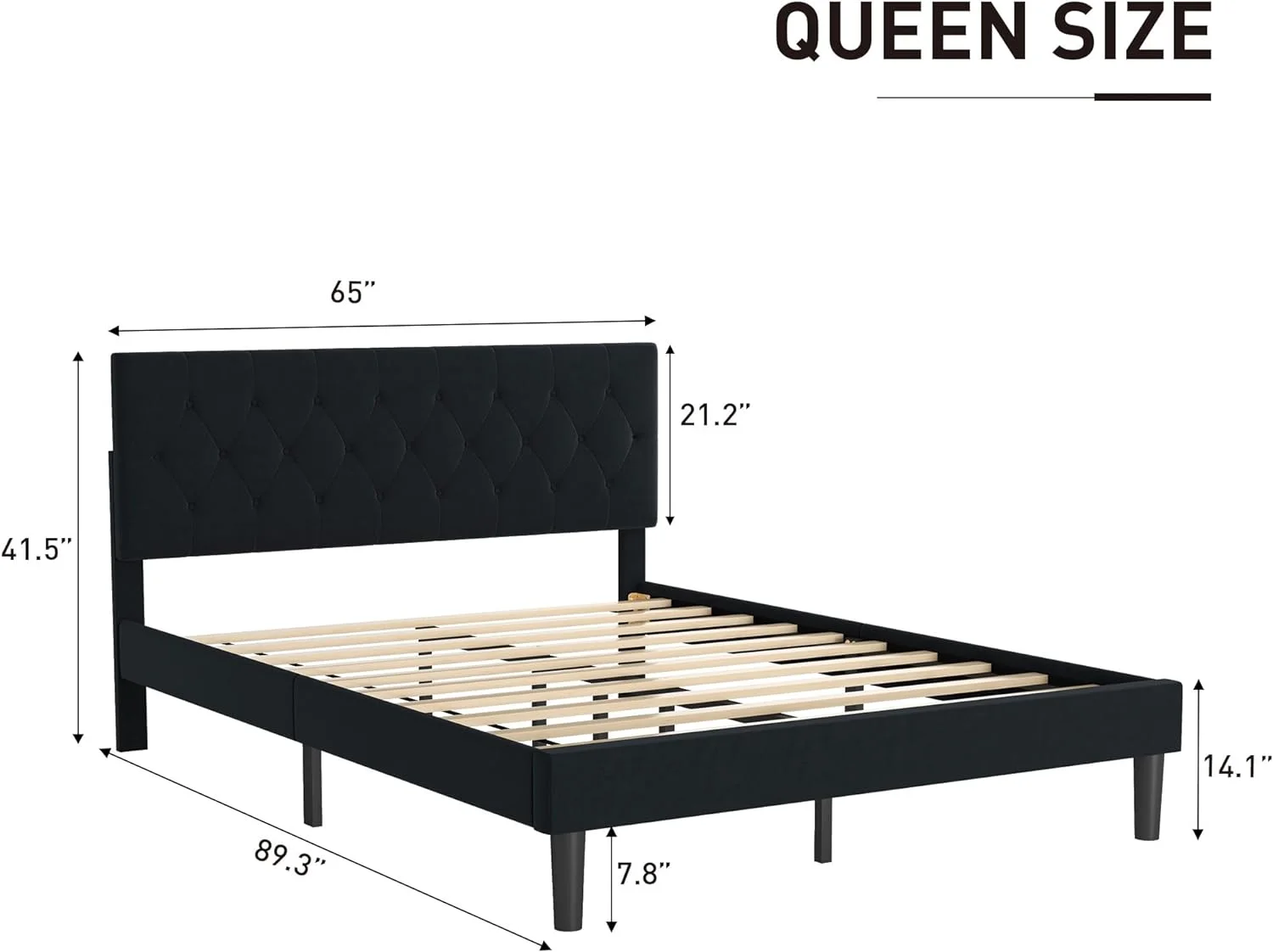 Queen Bed Frame With Upholstered Headboard, Modern Platform Bed Frame Queen Size With Under-Bed Storage Space, Button-Tufted, Solid Wooden Slats, No Box Spring Needed, Black