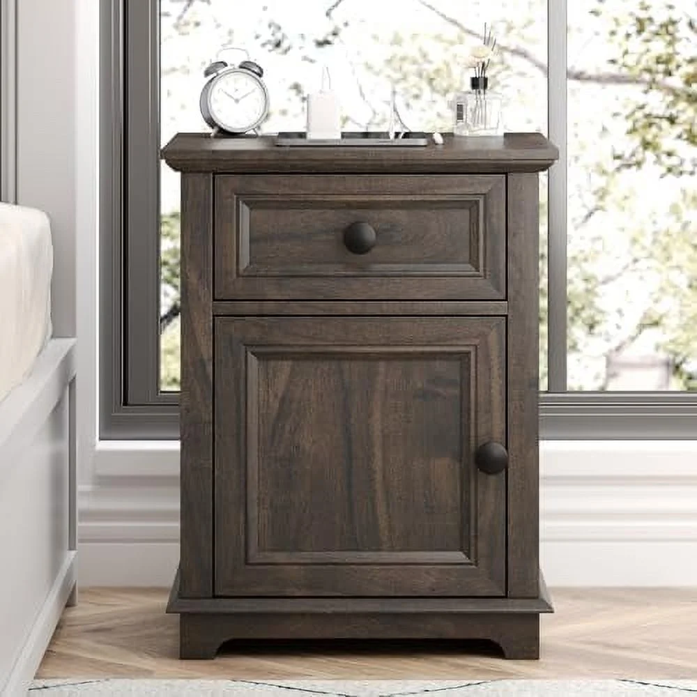 RUNFAYBIU Nightstands with 24" Tall Fast Charge 18" Bedroom Nightstand with Drawer & Adjustable End Tables with Charging Station Table Oak