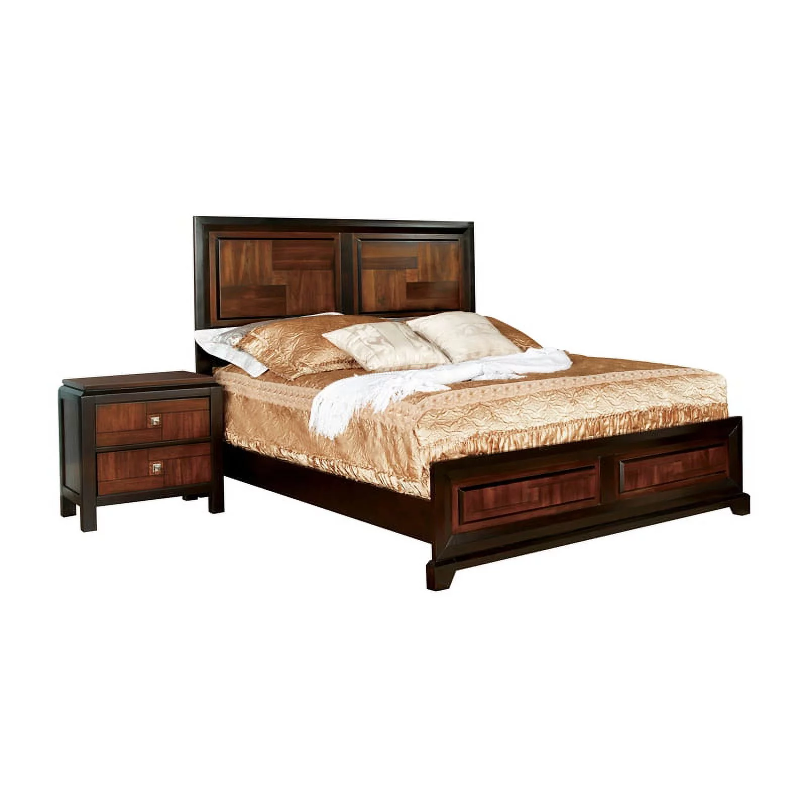 FOA Delia 2pc Walnut Transitional Wood Panel Bedroom Set - Queen + Nightstand