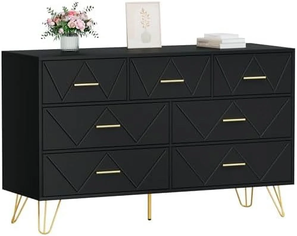 xrboomlife Black Dresser for Bedroom 7 Drawer Dresser with Wide Drawers and Metal Handles Wood Dressers & Chests of Drawers for Hallway entryway.