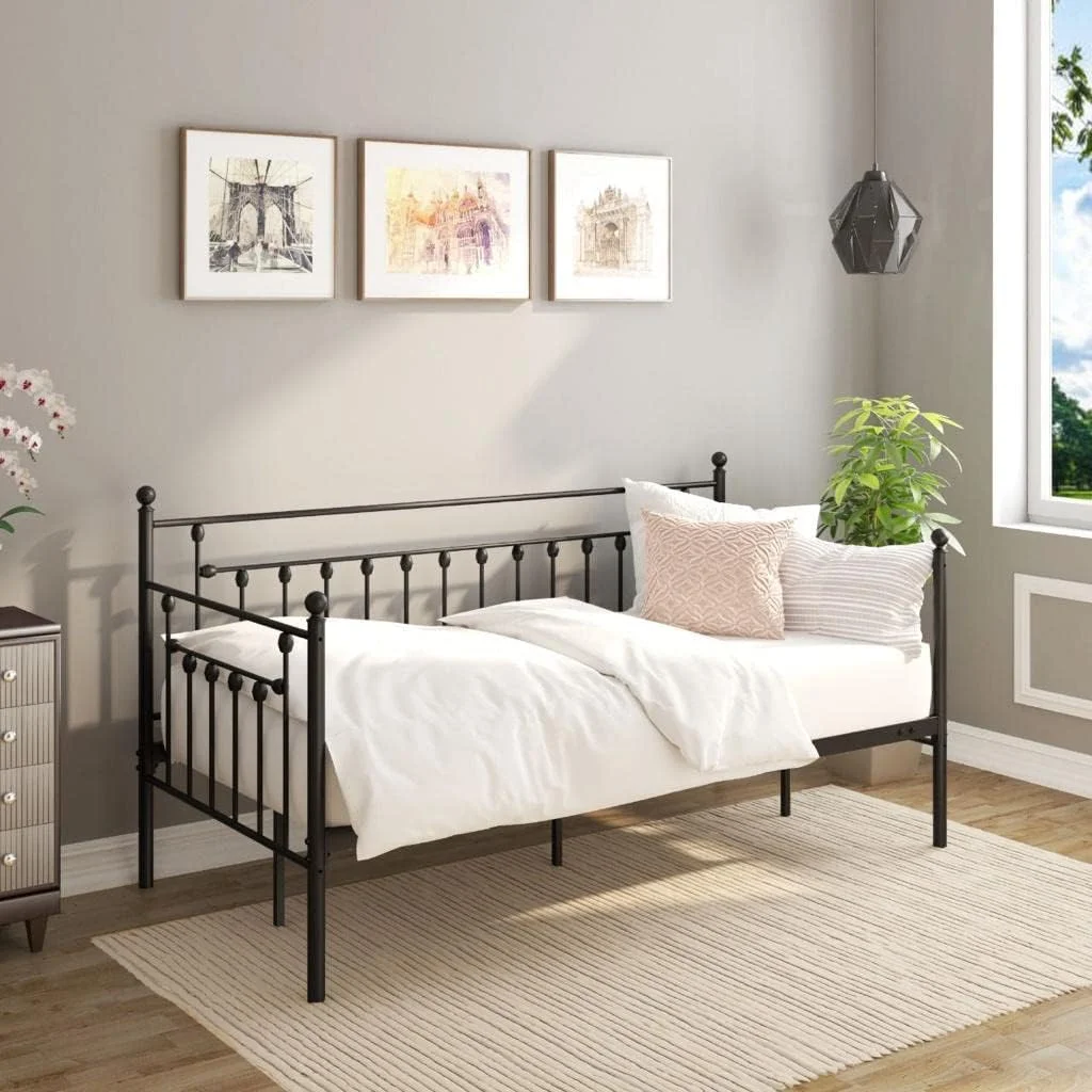 Victorian Black Metal Daybed Without Trundle/Sleeping Bench Futon Loft Bed Sofa Bedroom Living Room/ Mattress/Heavy Duty