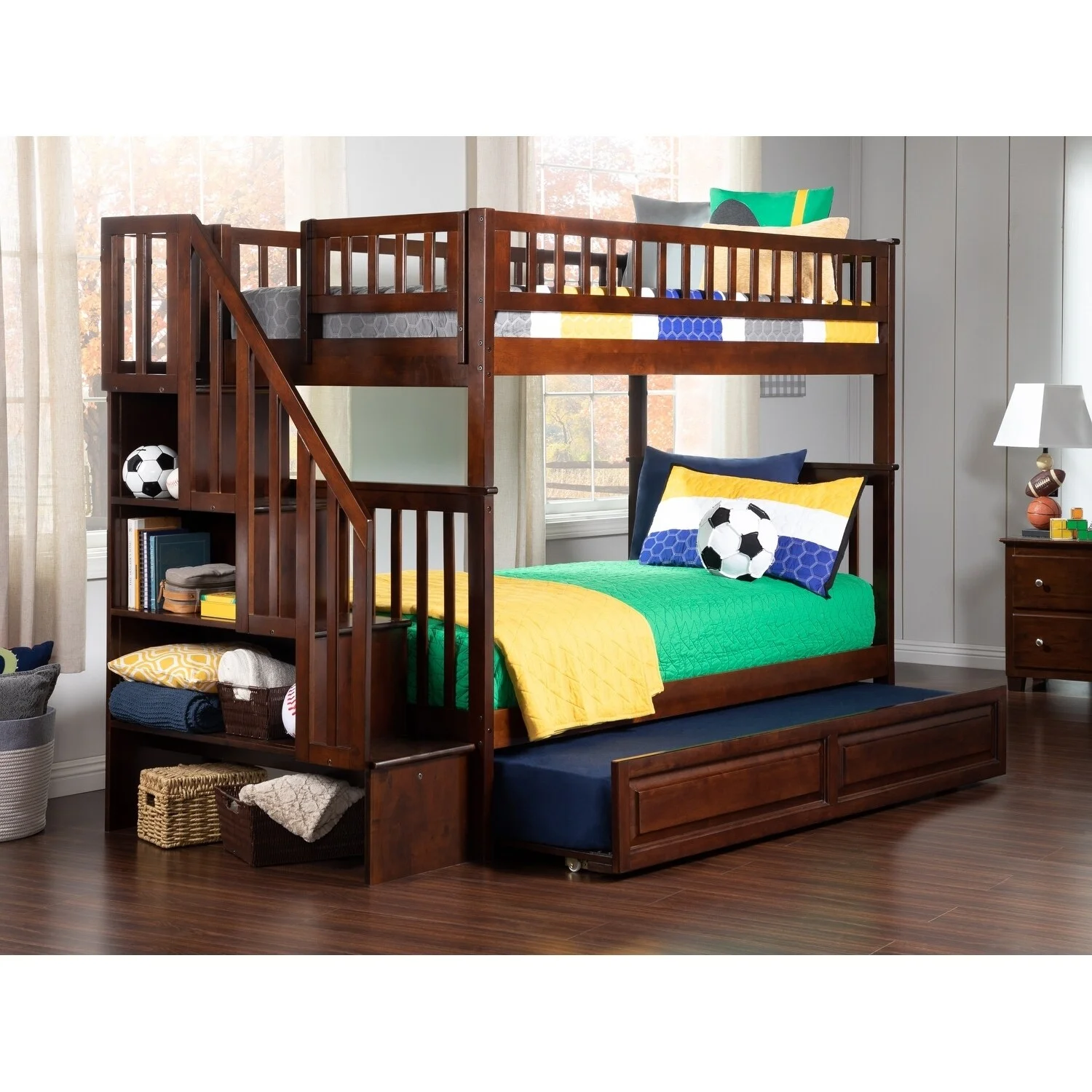 AFI Woodland Staircase Bunk Bed Twin over Twin with Twin Trundle in Walnut
