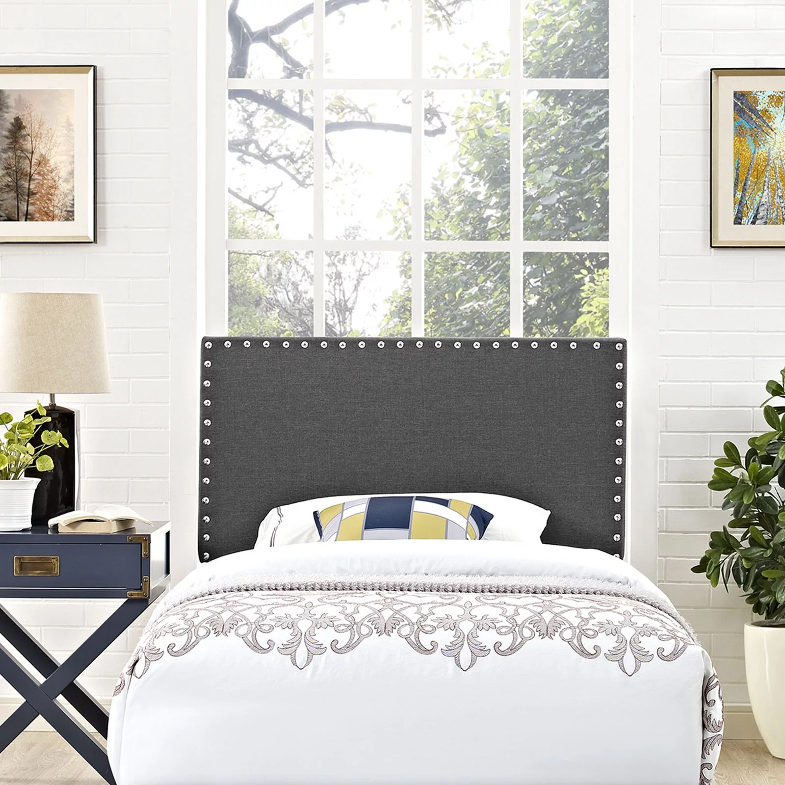 Modern Contemporary Urban Design Bedroom Twin Size Headboard, Grey Gray, Metal Steel