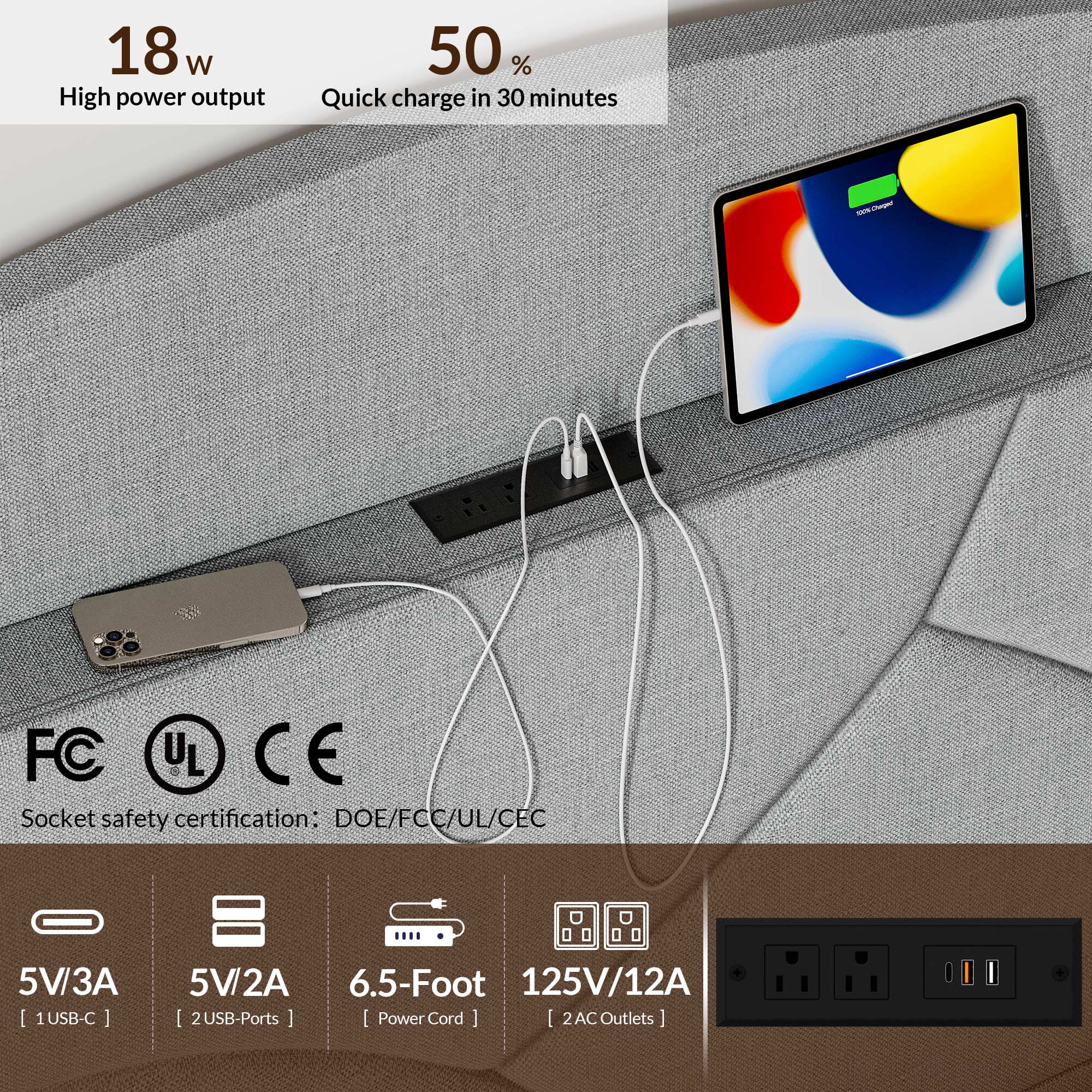 BELLEZE Queen Size Bed Frame with Type-C & USB Ports, Upholstered Platform Bed Frame with Wingback Shelf, Headboard Storage, LED Light, No Box Spring Needed, Noise-Free Bedroom Bed