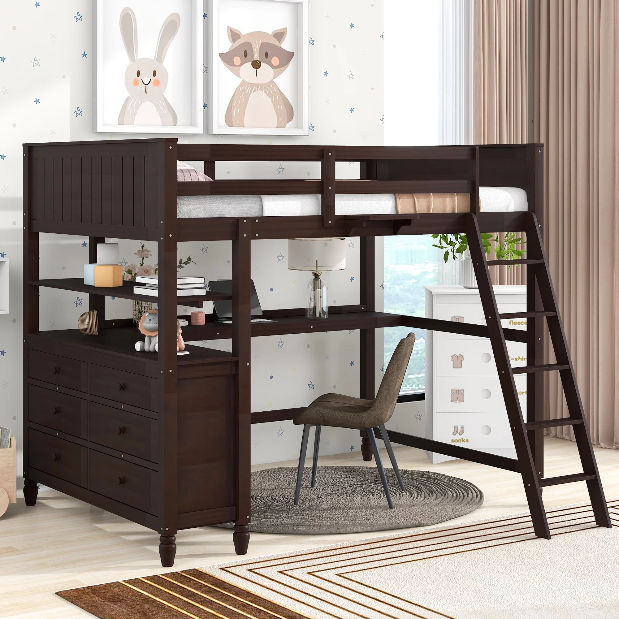 Churanty Full Size Loft Bed with Desk and Storage Drawers, Wooden Loft Bed Frame with Cabinets and Shelves,Espresso