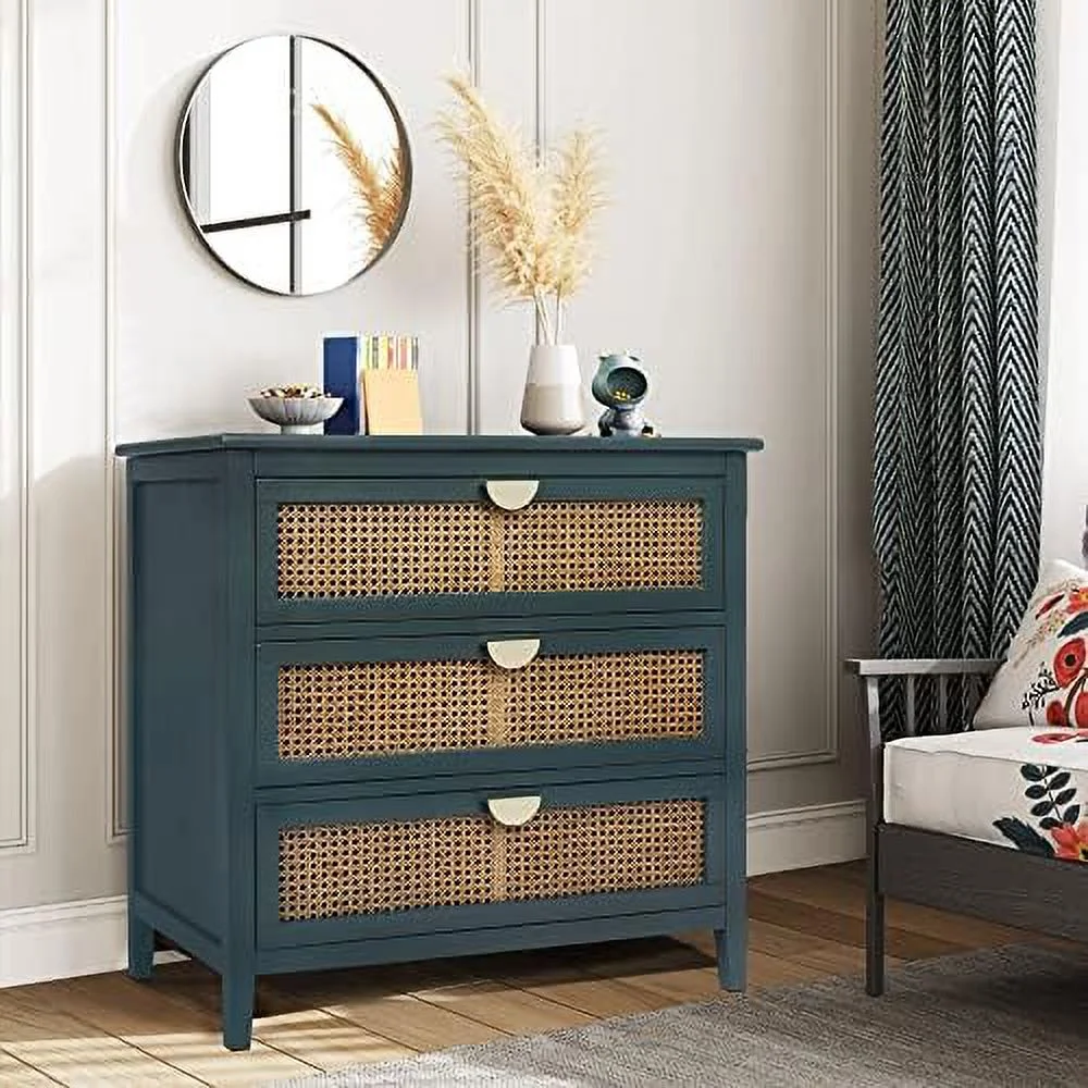 HBBOOMLIFE 3-Drawer Dresser  Modern Rattan Dressers Chest of 3 Drawers with Golden Metal Handles  Clothes Organizer for Living Room  Bedroom  Wood Cabinet Bedside Table Dressers (Olive Gr
