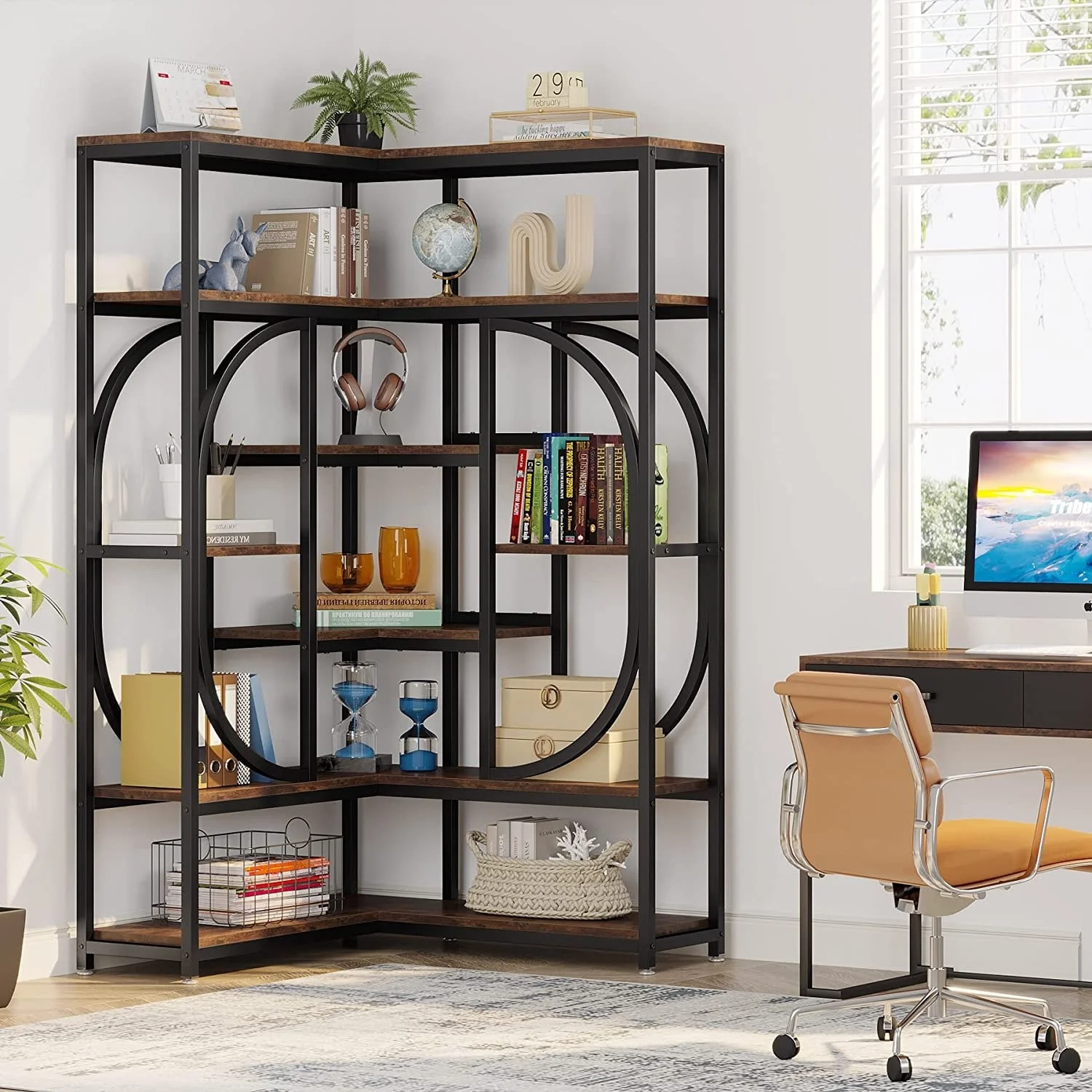L-Shaped Corner Bookshelf, 7-Shelf Bookcase with Storage for Living Room Brown