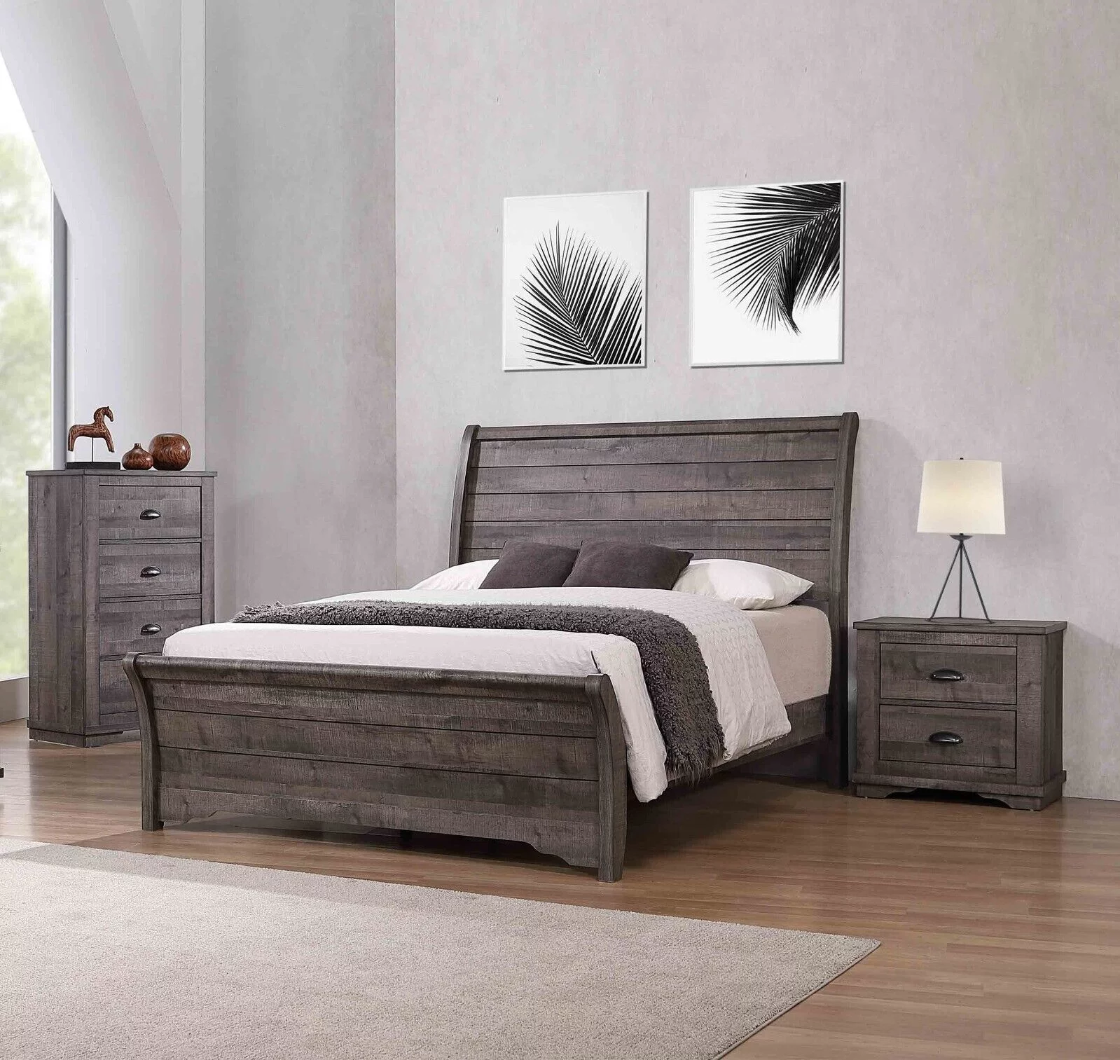 3Pc Rustic Gray Finish Queen Size Bed Chest Nightstand Set Solid Wood Bedroom Furniture