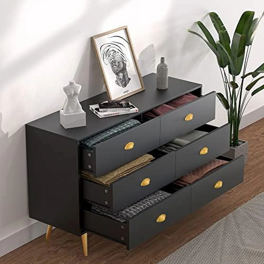 6 Drawer Dresser with Metal Handle for Bedroom Mid-Century Walnut Wood Dresser Chest of Drawers for Living Room Hallway