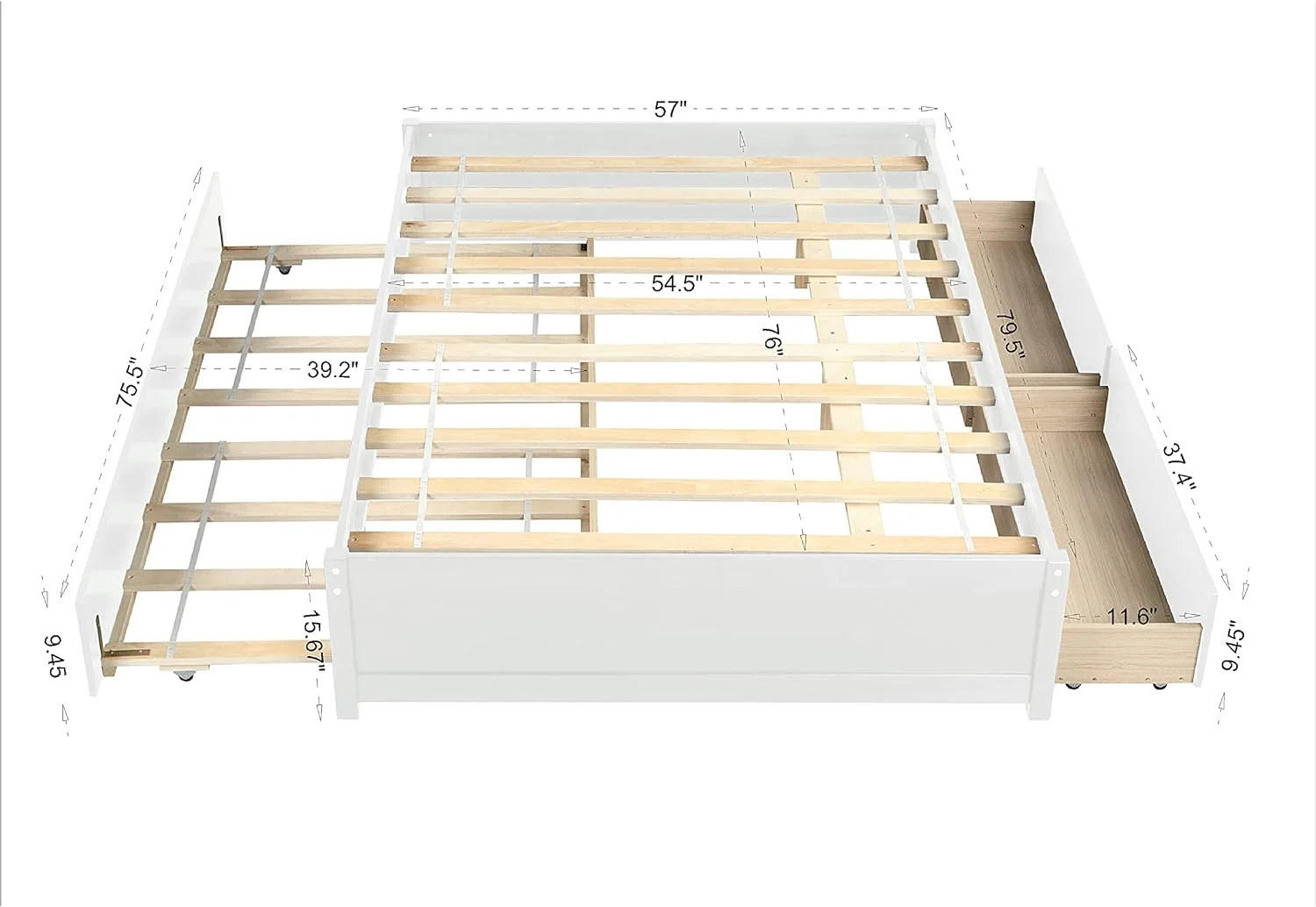 White Full Size Bed With Trudle Ad 2 Storage Drawers, Wood Full Platform Bed Frame For Boys, Girls, Kids, Tees Ad Adults