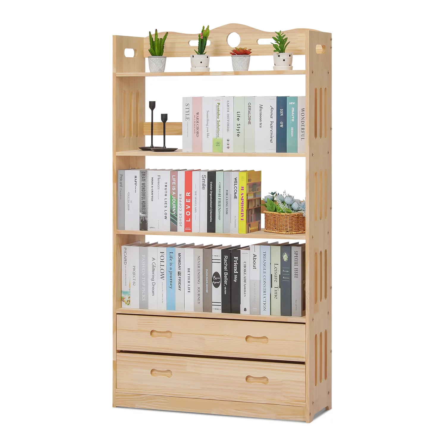 Magshion Wood 5 Shelves 2 Drawers Bookshelf, Books Toys Organizer Bookcase, Natural, for Home