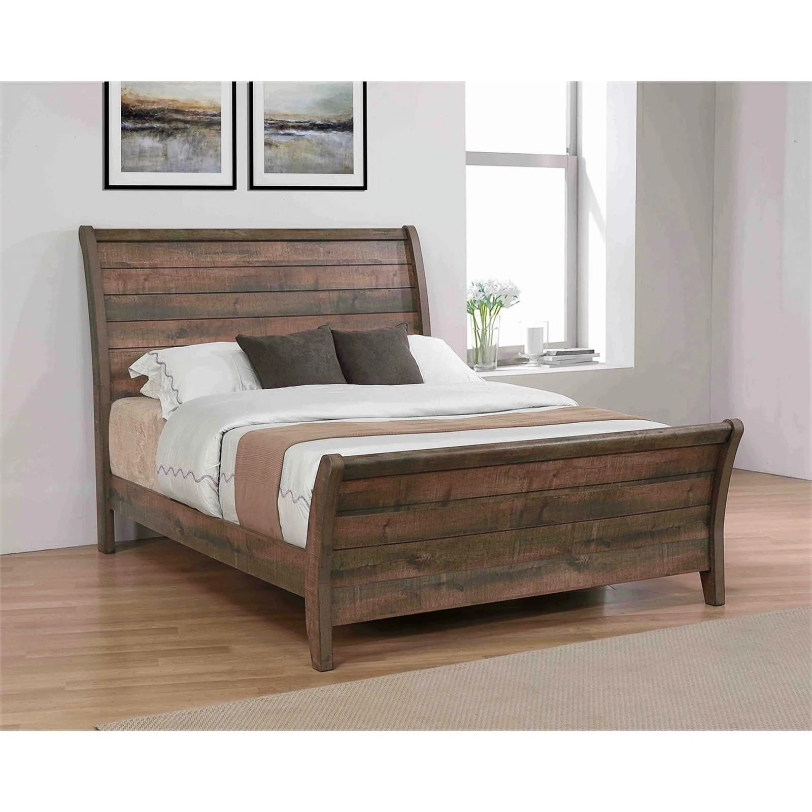Pemberly Row Contemporary Wood California King Sleigh Bed Weathered Oak