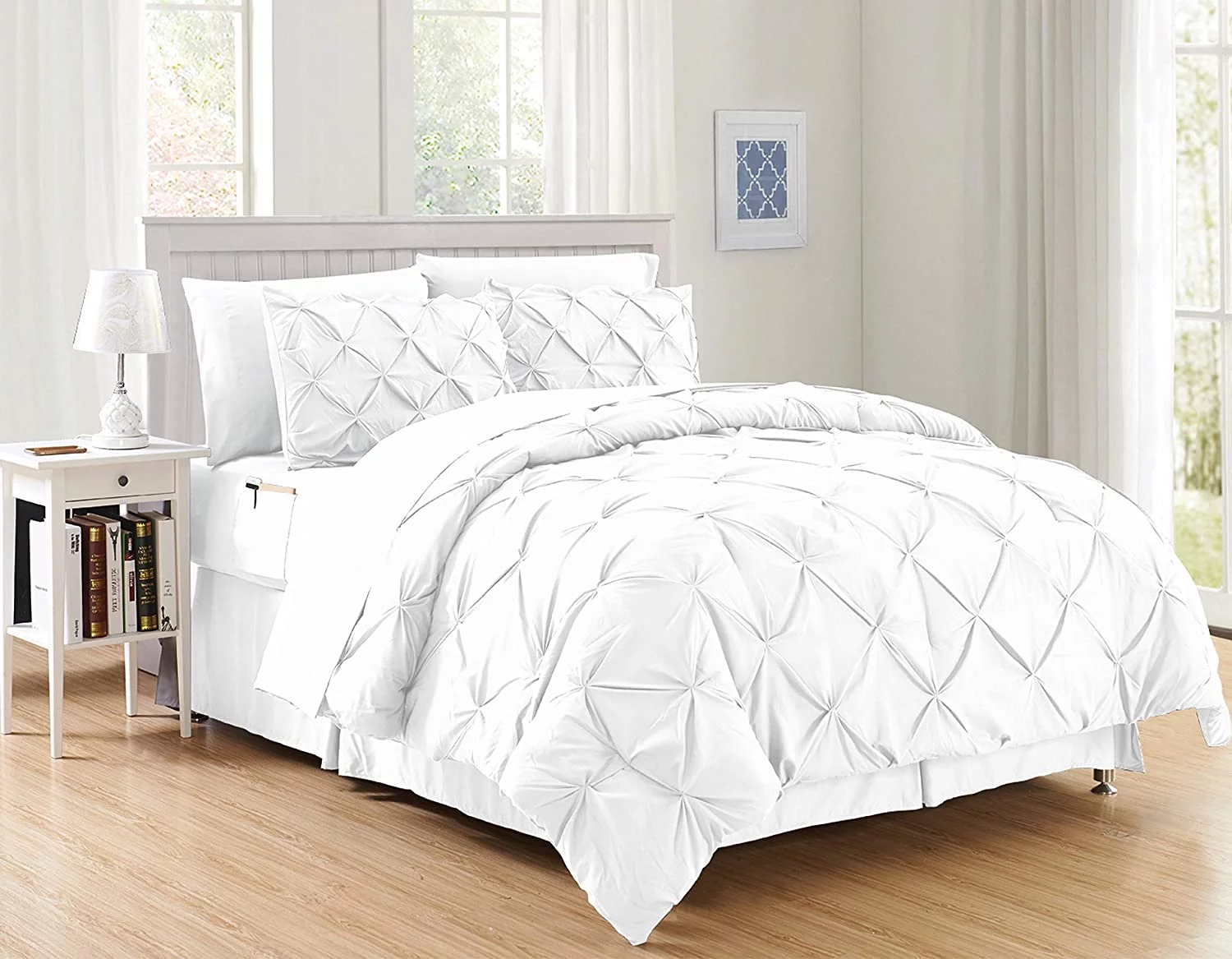 8-Pieces Pintuck Comforter set Includes Bed Sheet Set with Double Sided Storage Pockets, King/Cal King, White