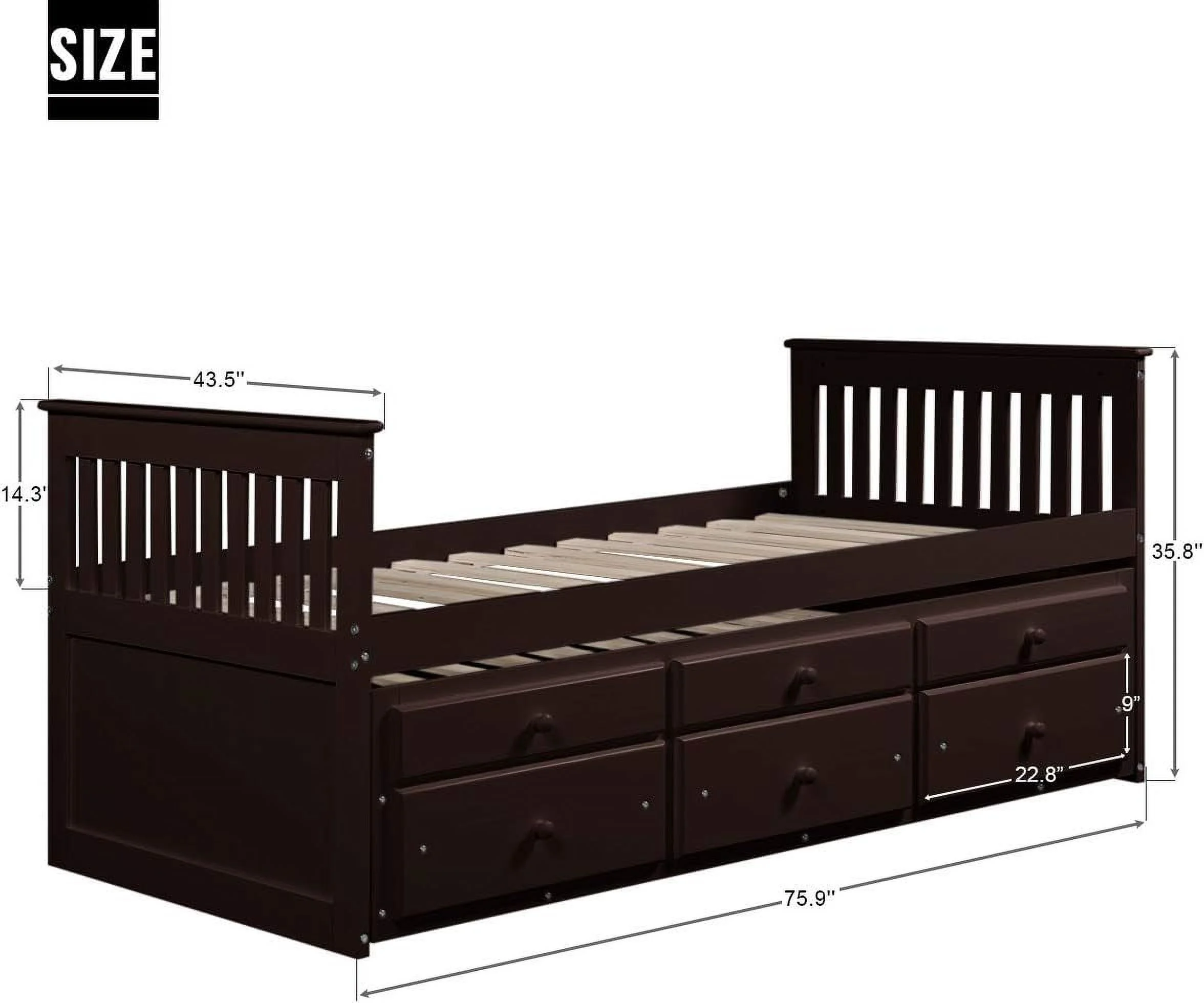 Bed, Daybed With Trundle And 3 Storage Drawers, Wood Platform Bed Frame With Headboard And Footboard For Kids Teens Adults, No Box Spring Need, Easy Assembly, Espresso