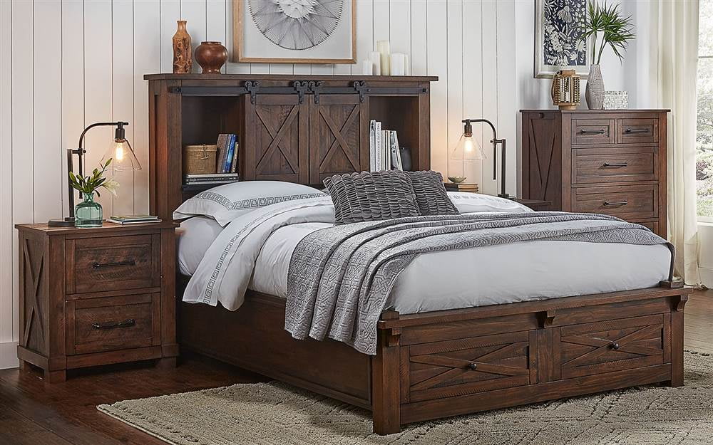 Storage Bed with Integrated Bench in Rustic Timber Finish (King: 96.25 in. L x 82.75 in. W x 60.25 in. H)