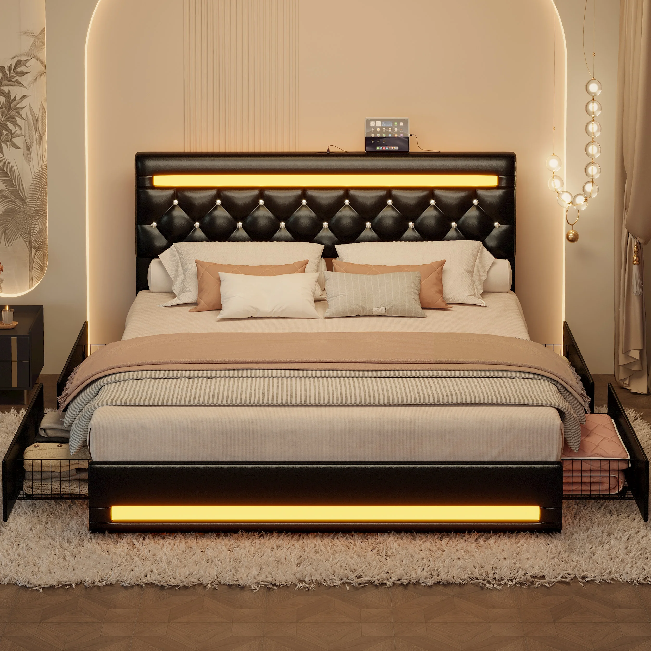 LIKIMIO King Bed Frame with LED Light, PU Leather Platform Bed,Charging Station, 4 Storage Drawers, Adjustable Crystal Button Tufted Headboard, No Box Spring Needed, Black