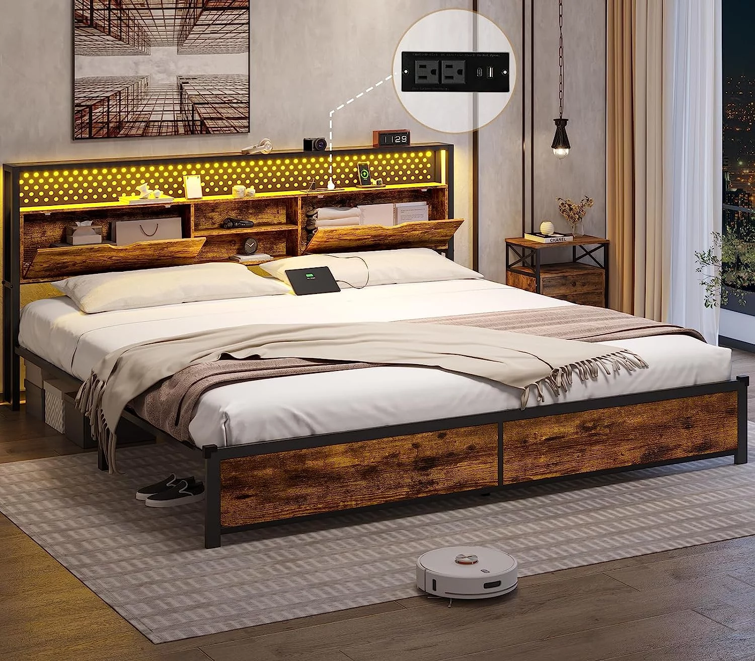 King Size Bed Frame with Type-C & USB Charging Station&LED Lights,Metal Platform Bed Frame with Storage Headboard,No Box Spring Needed,Vintage Brown