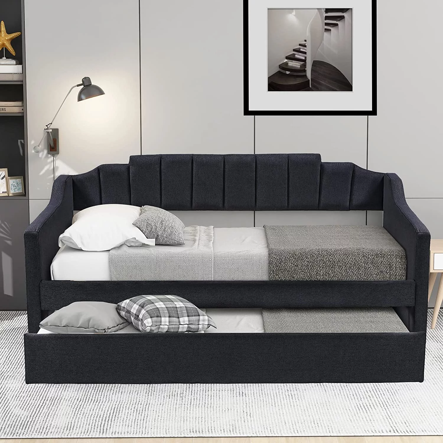 Daybed With Trundle, Upholstered Size Daybed Sofa Daybed Frame With Roll-Out Trundle, No Box Spring Needed, Furniture For Bedroom, Living Room, Guest Room, Black