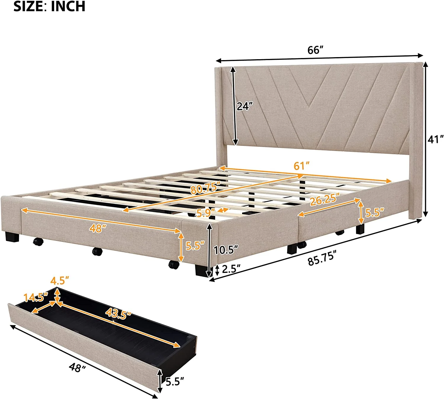 Queen Bed Frame With 3 Drawers, Linen Upholstered Queen Size Platform Bed Frame With Storage And Tufted Headboard For Teens Adults, No Box Spring Needed,Beige