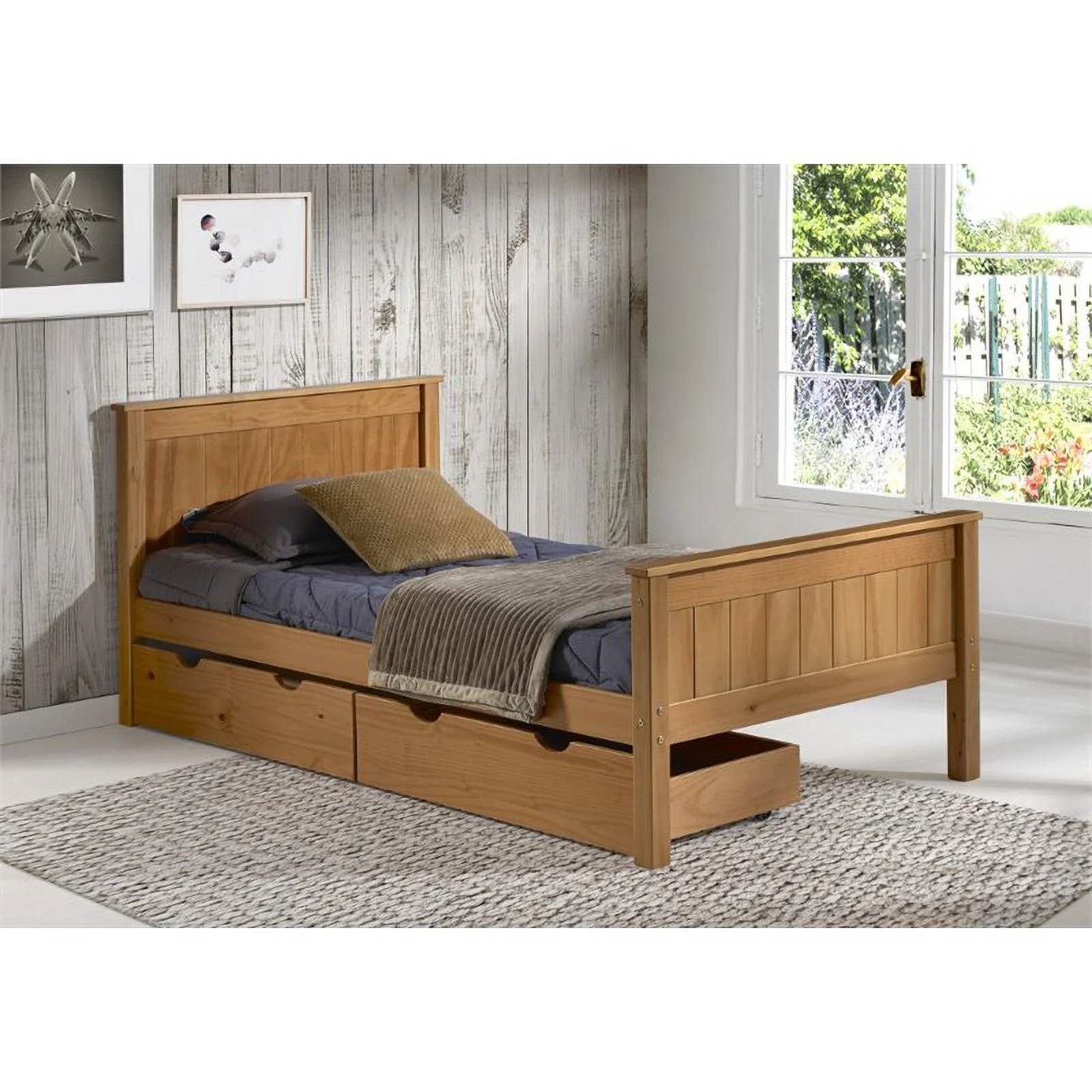 Rosebery Kids Twin Wood Platform Bed with Storage Drawers in Cinnamon