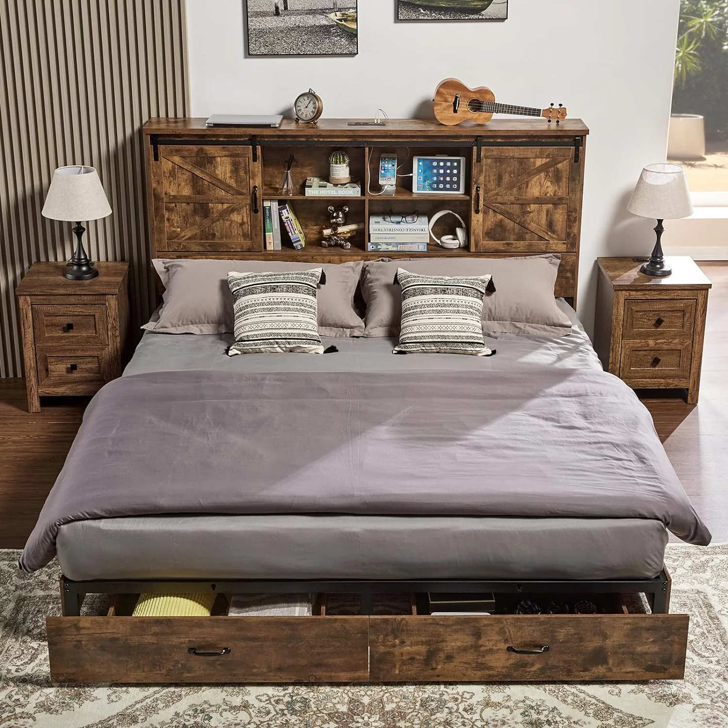 HOWE King Size Wooden Platform Storage Bed Frame with 51.2