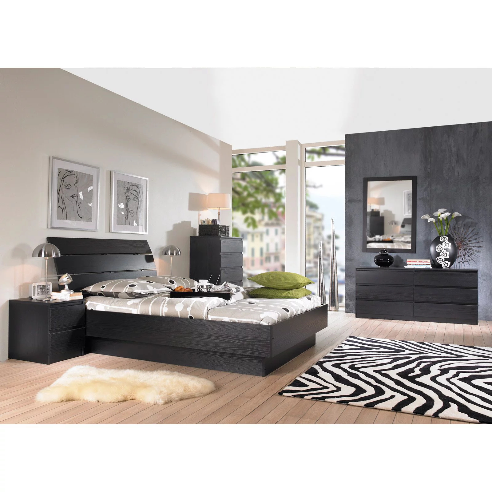 Scottsdale Queen Bed with Slats for Bedroom, Black Woodgrain