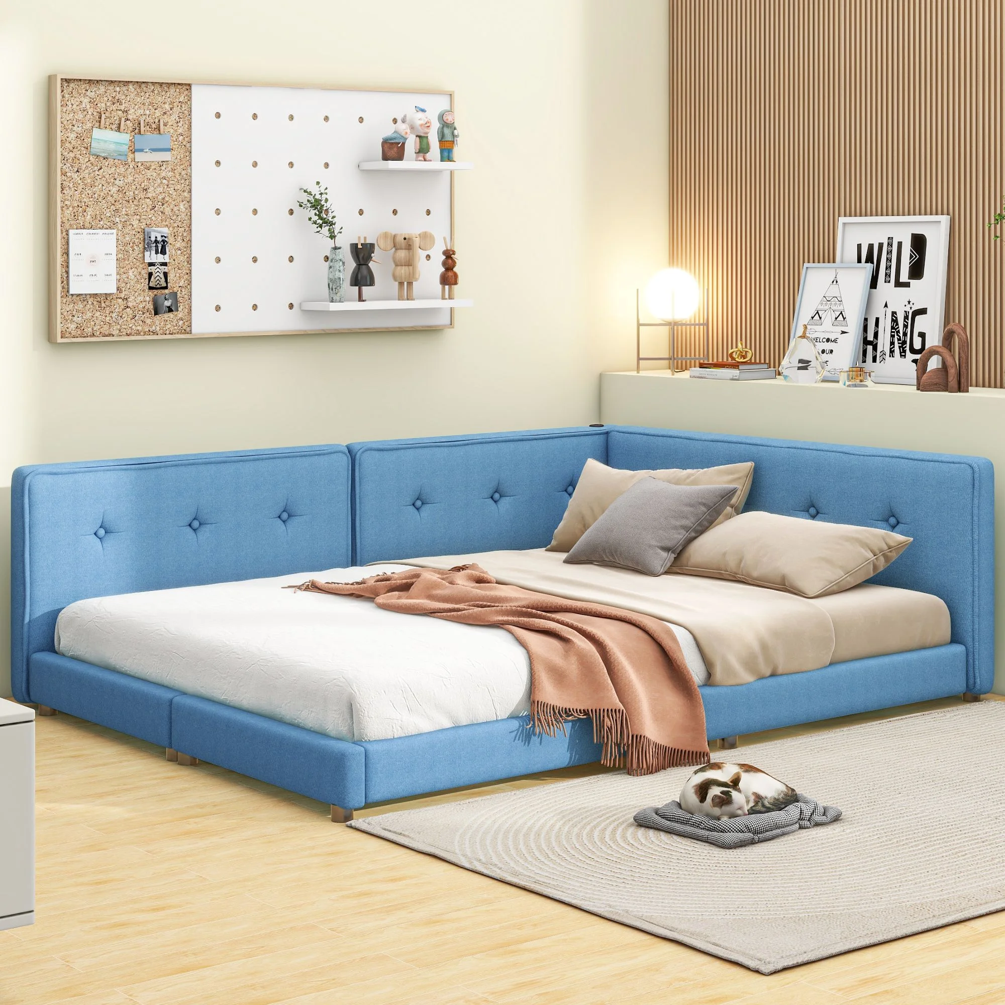 Elegant Design Upholstered Daybed with USB Ports, Wood Day Bed for Office/Living Room/Bedroom, Sturdy Slats Support Linen Wooden Sofa Bed for Teens Adults