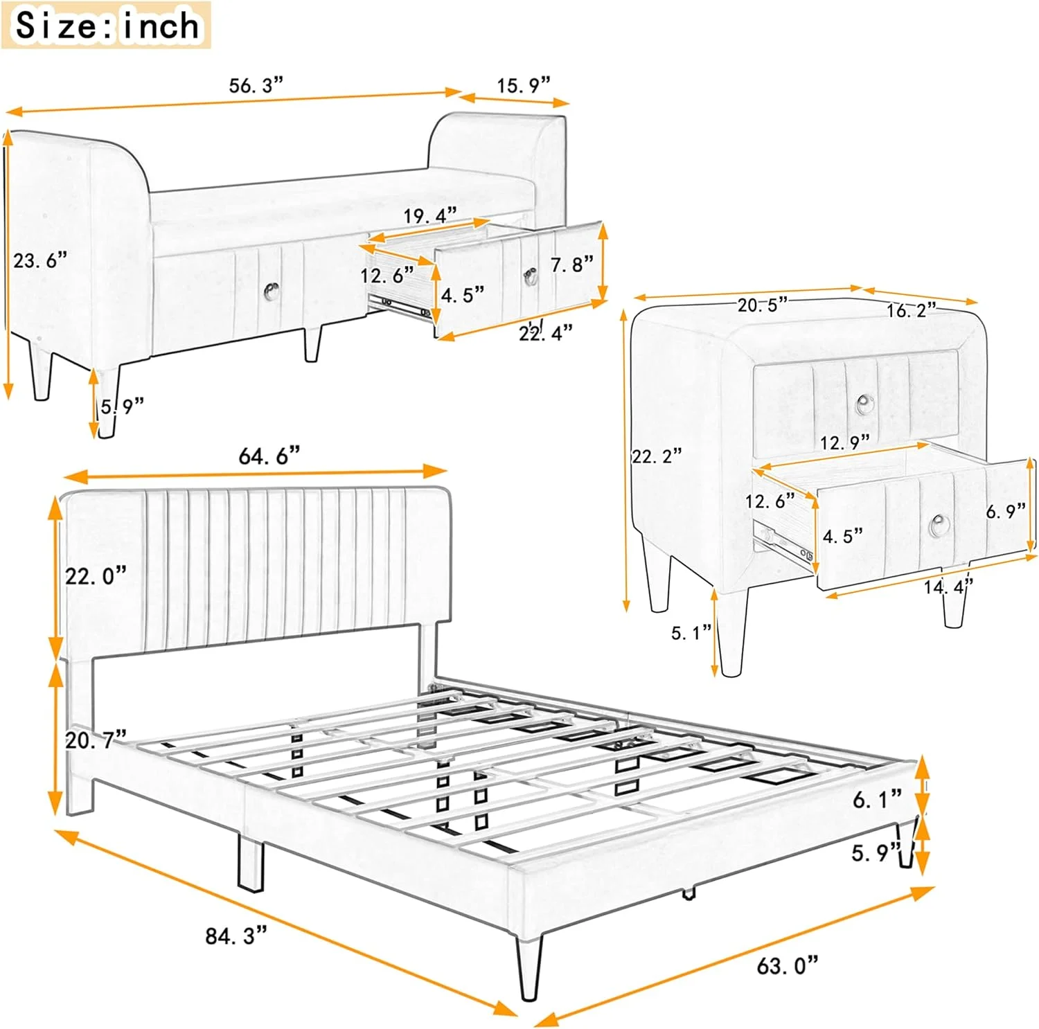 Bedroom Sets Queen Size Upholstered Platform Bed With Two Nightstands And Storage Bench, 4-Pieces Bedroom Sets For Teens Adults (Velvet Green)