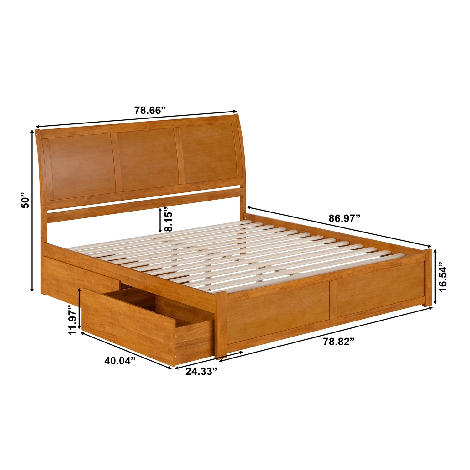 Portland King Wood Platform Bed with Footboard and Drawers in Light Toffee