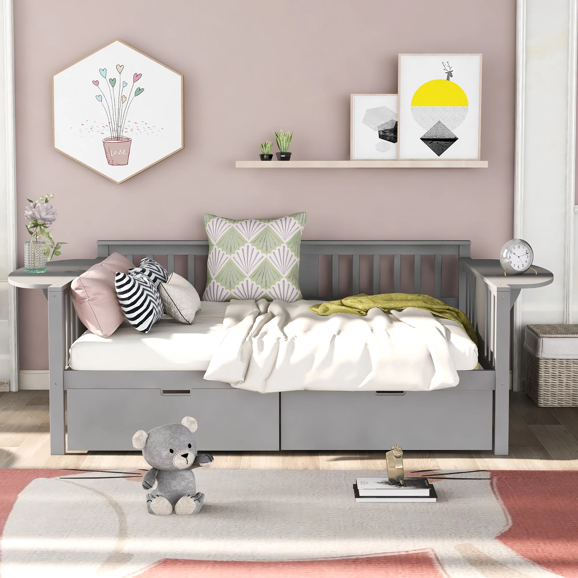 Modern Minimalist Double Sofa Bed Full Size Sofa Bed with Bottom Bed Two Storage Drawers Wooden Slats Support Platform Bed Frame Small Folding Table Grey