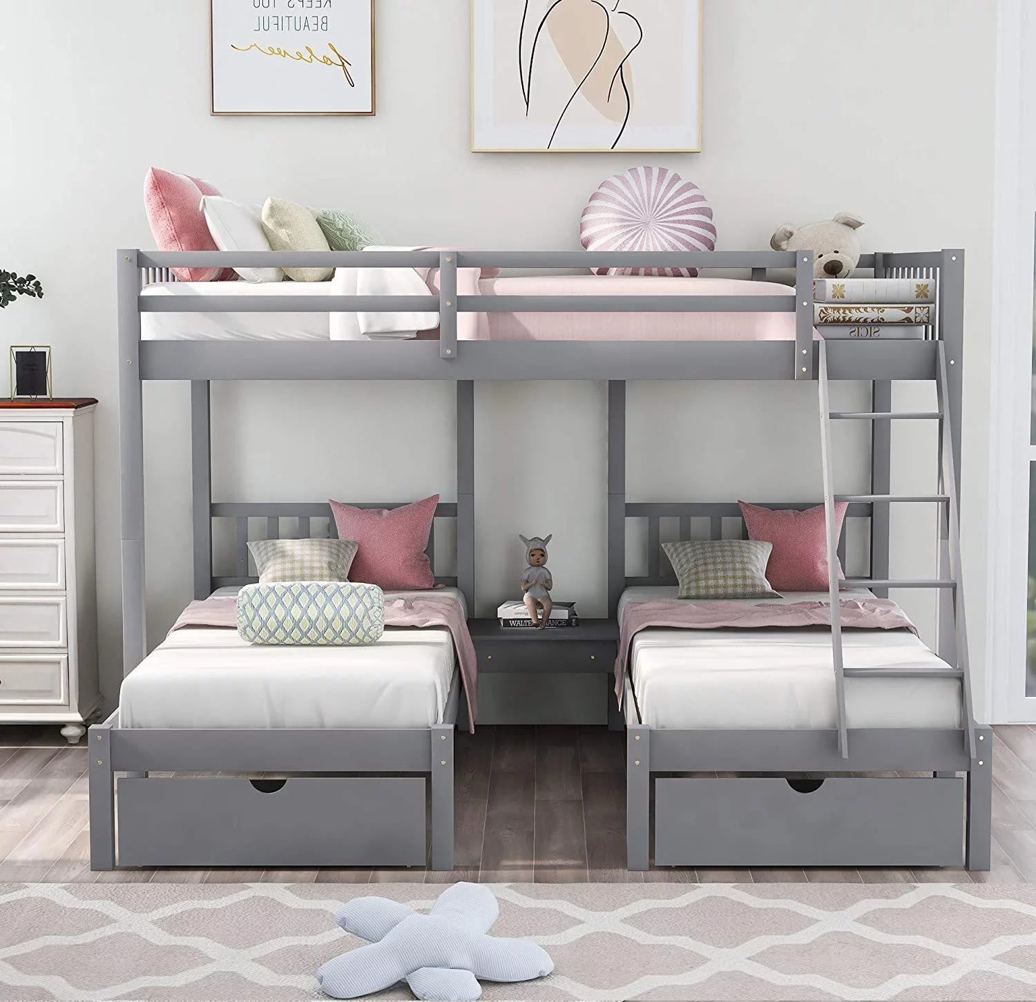 Triple Bunk Bed Full Over 2 Twin Bunk Bed with 4 Drawers and Guardrails, Bunk Bed for Family, Kids, Teens,No Box Spring Needed