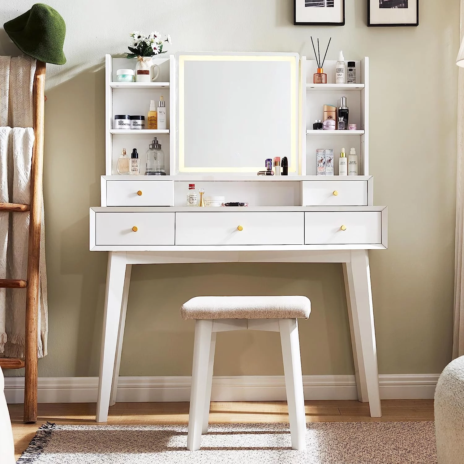 OKD Makeup Vanity Table Set, Dressing Table with Lighted Mirror & 5 Drawers, Vanity Desk for Bedroom, Dressing Room, White