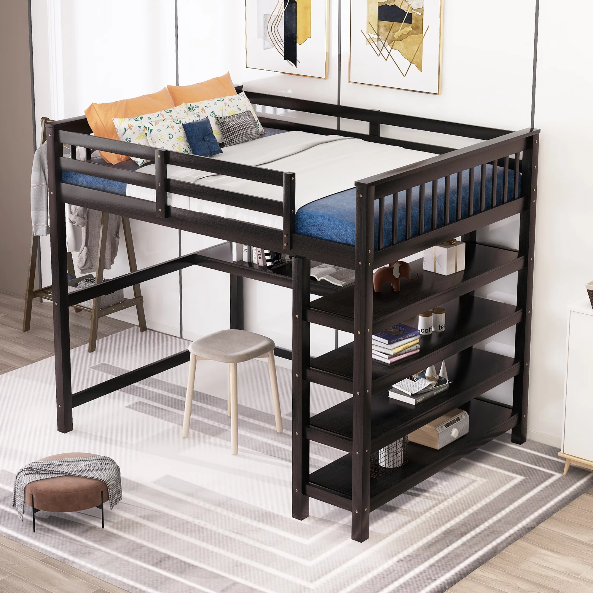 Euroco Solid Wood Full Loft Bed with Desk and 4-Tier Storage Shelves for Kids Bedrrom, Espresso