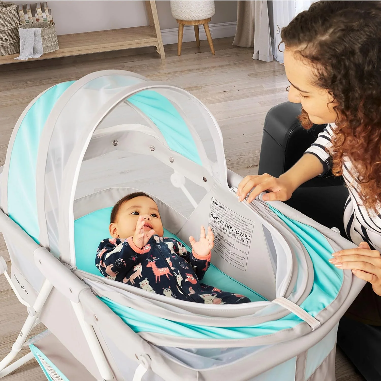 Dream On Me Karley Bassinet in Blue & Grey, Lightweight Portable Baby Bassinet, Quick Fold and Easy to Carry , Adjustable Double Canopy, Indoor and Outdoor Bassinet with Large Storage Basket. Blue/Grey