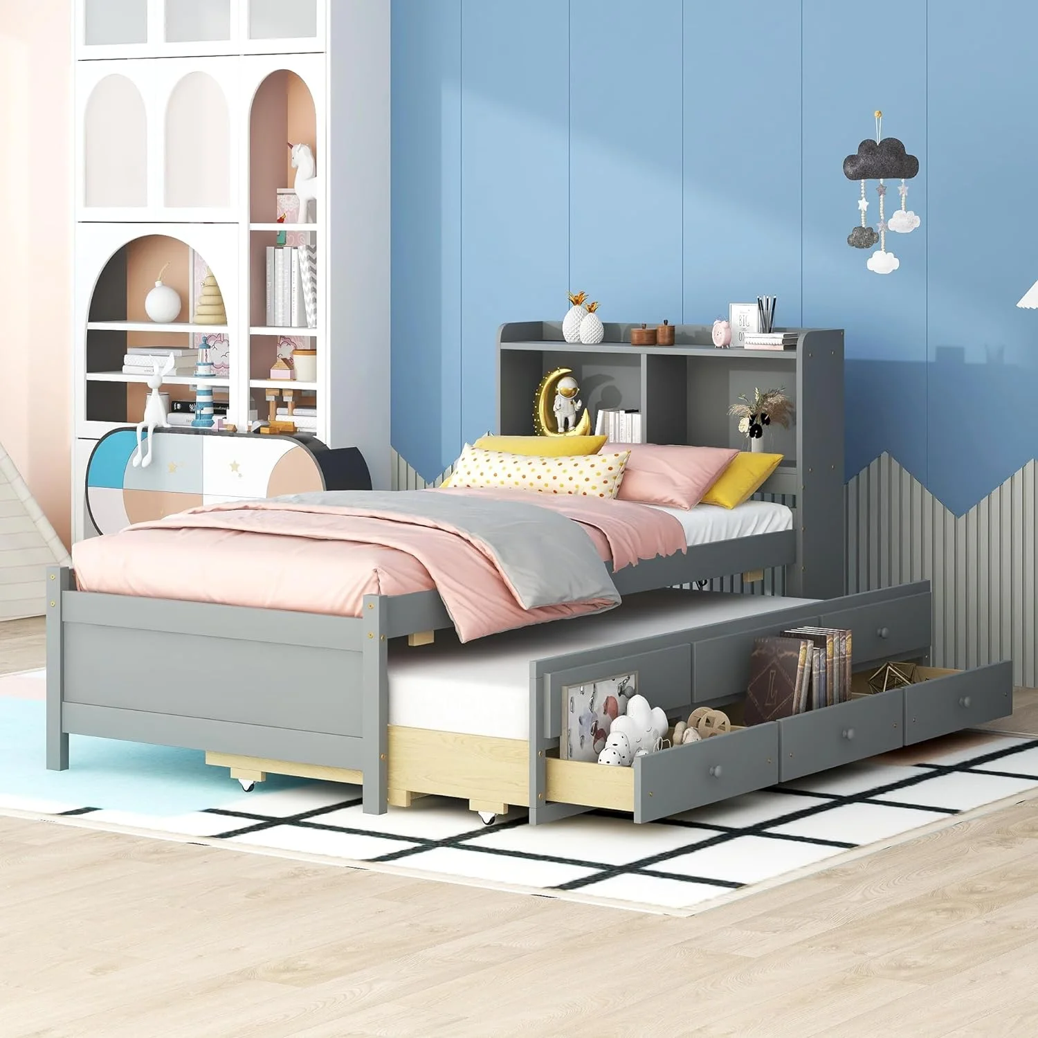 Captains Bed With Trundle And Drawers, Size Beds With USB Ports, LED Lights, Solid Wood Platform Bed With Bookcase Headboard For Kids Teens Guests, Gray