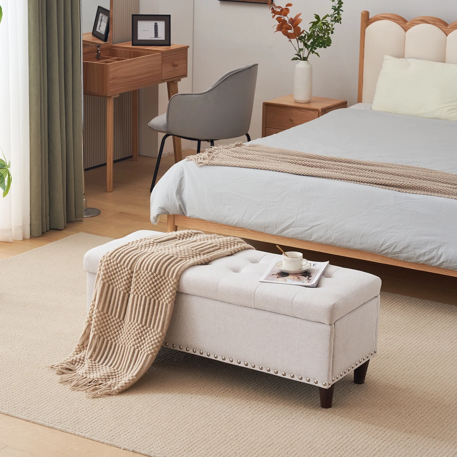 iRerts Storage Ottoman Bench, 43 Inches Entryway Bench with Storage, Linen Upholstered End of Bed Ottoman Bench with Storage and Seating, Storage Bench for Bedroom Living Room Hallway, Off-White