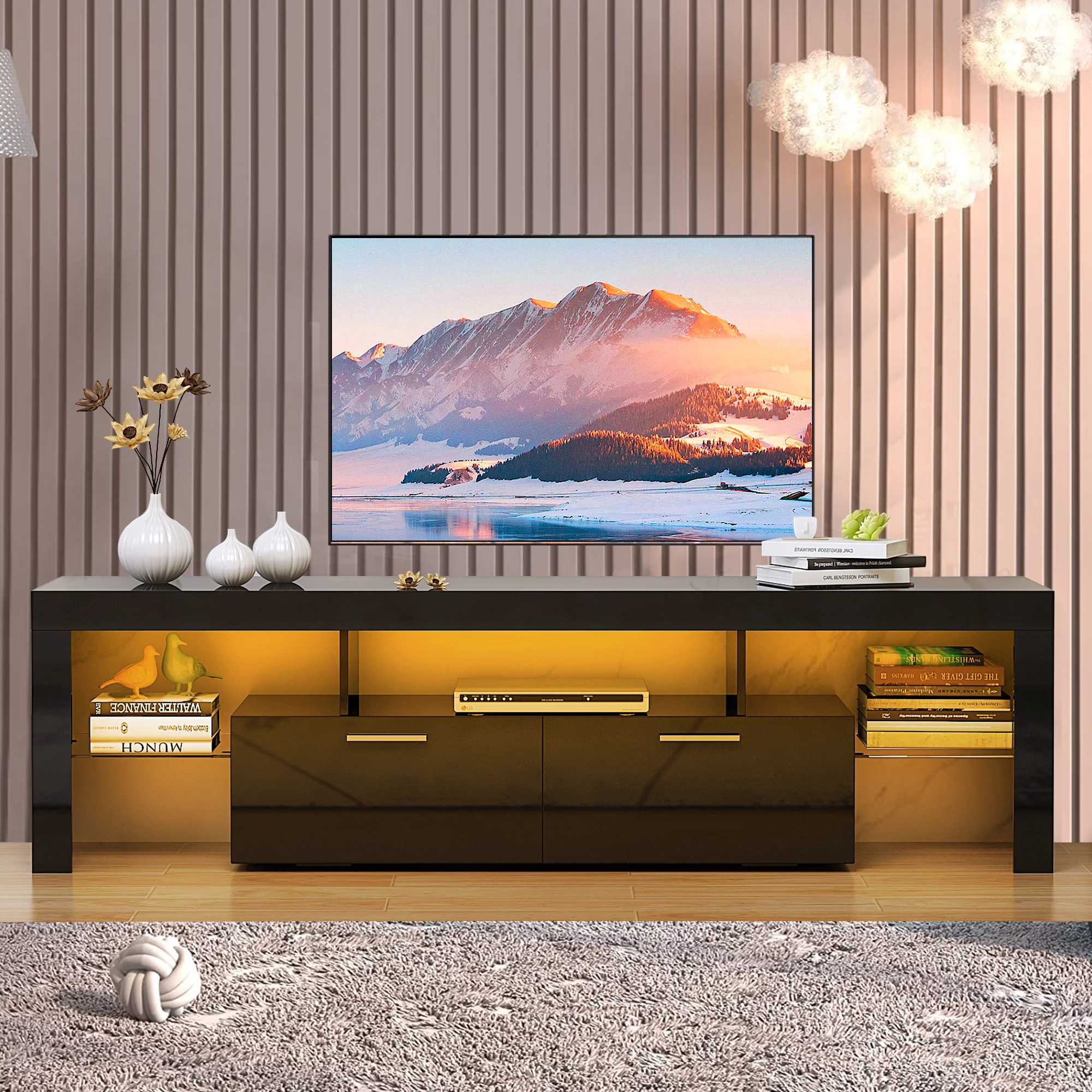 SESSLIFE Black TV Stand for 80 Inch TV, TV Cabinet with 29 Color LED Light, Modern Wood Entertainment Center