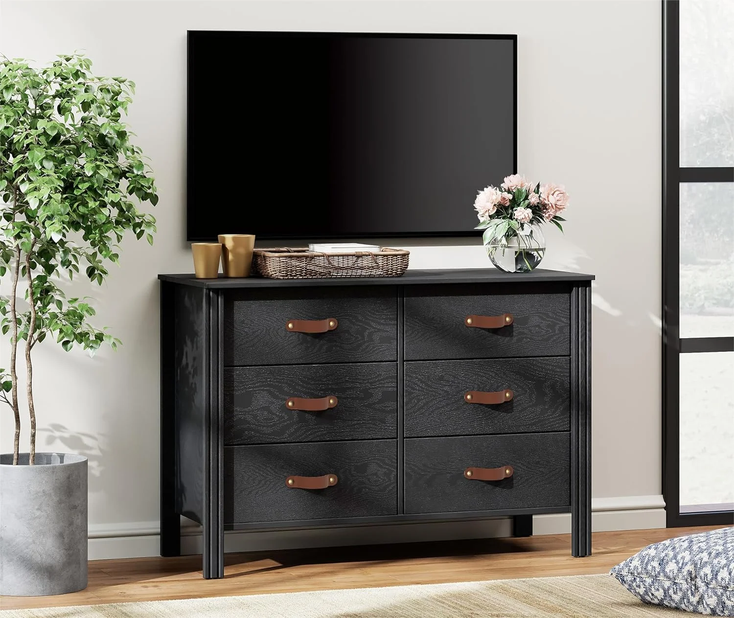 WAMPAT Long Black Dresser for Bedroom, Wood Dresser with 6 Drawers and Unique Leather Handles, Kids Dressers & Chest of Drawers, Classic Storage Cabinet Organizer for Closet, Living Room, Hallway