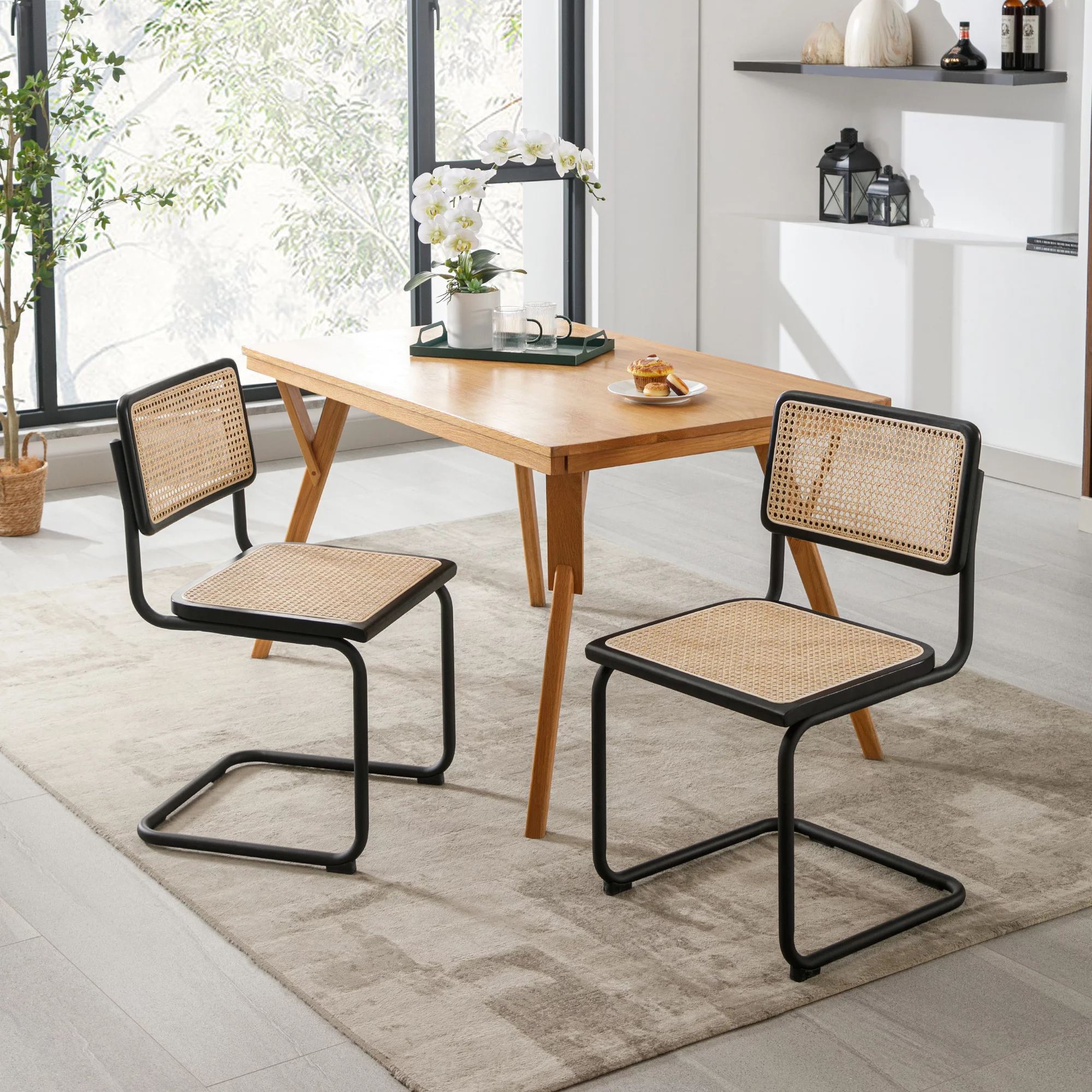 ONEVOG Rattan Dining Chairs Set of 2, Mid Century Modern Kitchen Chairs with Black Meal Legs, Armless Cane Chairs, Black