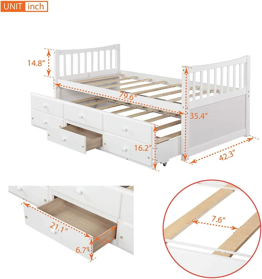 Daybed With Trundle And Storage Drawers - Captain's Bed Storage Daybed For Kids, Teens,Wood Slat Support, No Box Spring Needed