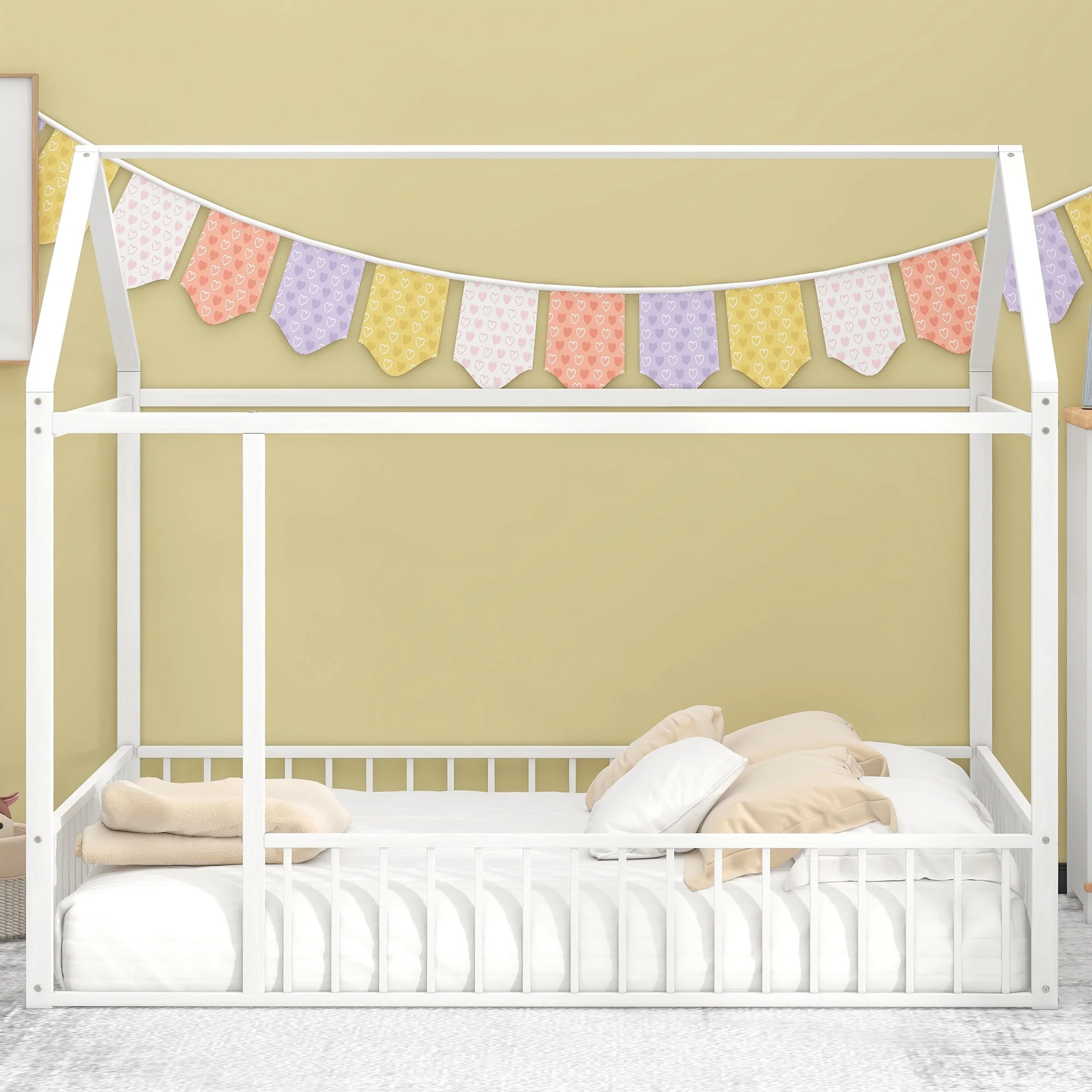 Bellemave Full Floor House Bed Metal House-shaped Bed Frame with Fence Rails Full Size Floor Bed with Roof Metal House Bed for Kids, Boys, Girls, Teens (White)