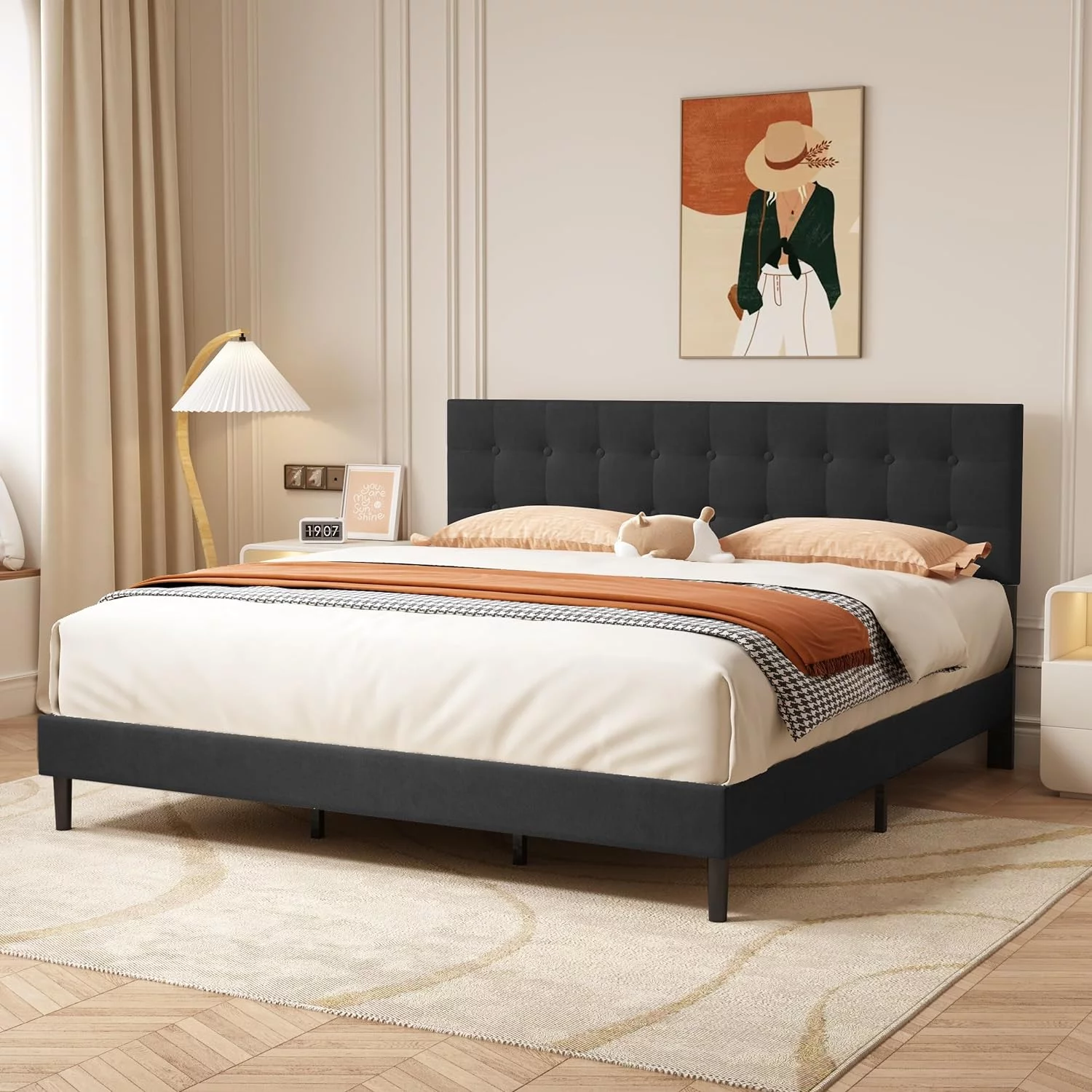 alazyhome King Size Upholstered Platform Bed Frame with Button Tufted Linen Headboard, Black