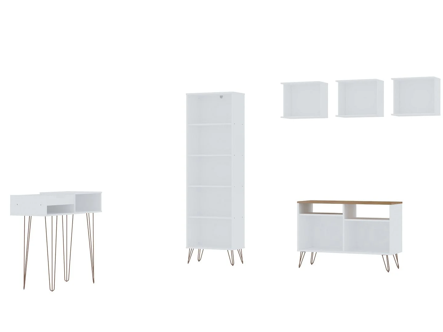 Manhattan Comfort Rockefeller 6-Piece TV Stand Living Room Set with Bookcase and Console in White